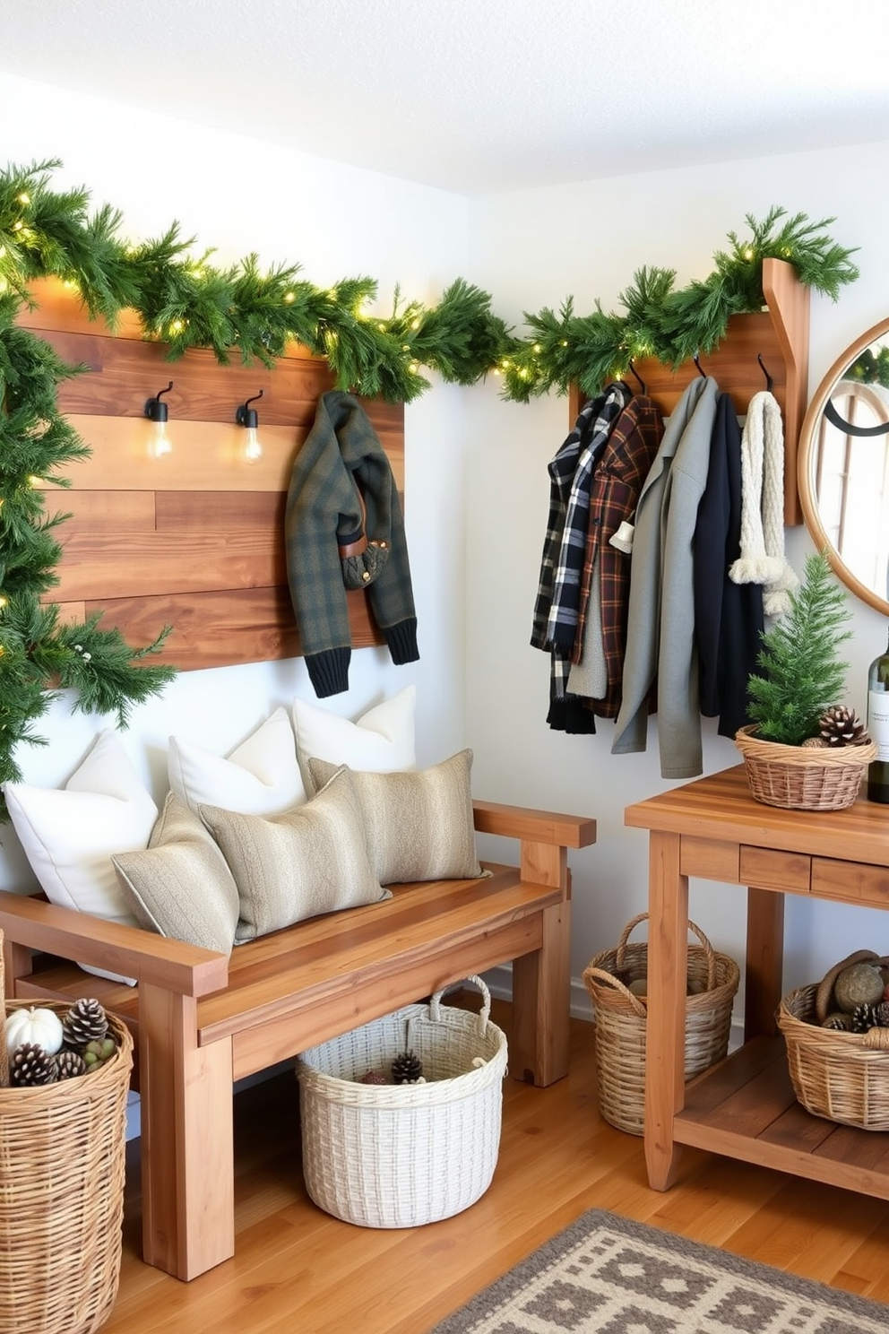 A cozy winter entryway adorned with natural wood elements creates a warm and inviting atmosphere. The space features a reclaimed wood bench with soft cushions, surrounded by pine garlands and twinkling fairy lights. To the side, a wooden coat rack holds winter jackets and scarves, while a rustic wooden console table displays seasonal decor. A woven basket filled with pinecones and a small evergreen plant adds a touch of nature to the entryway.