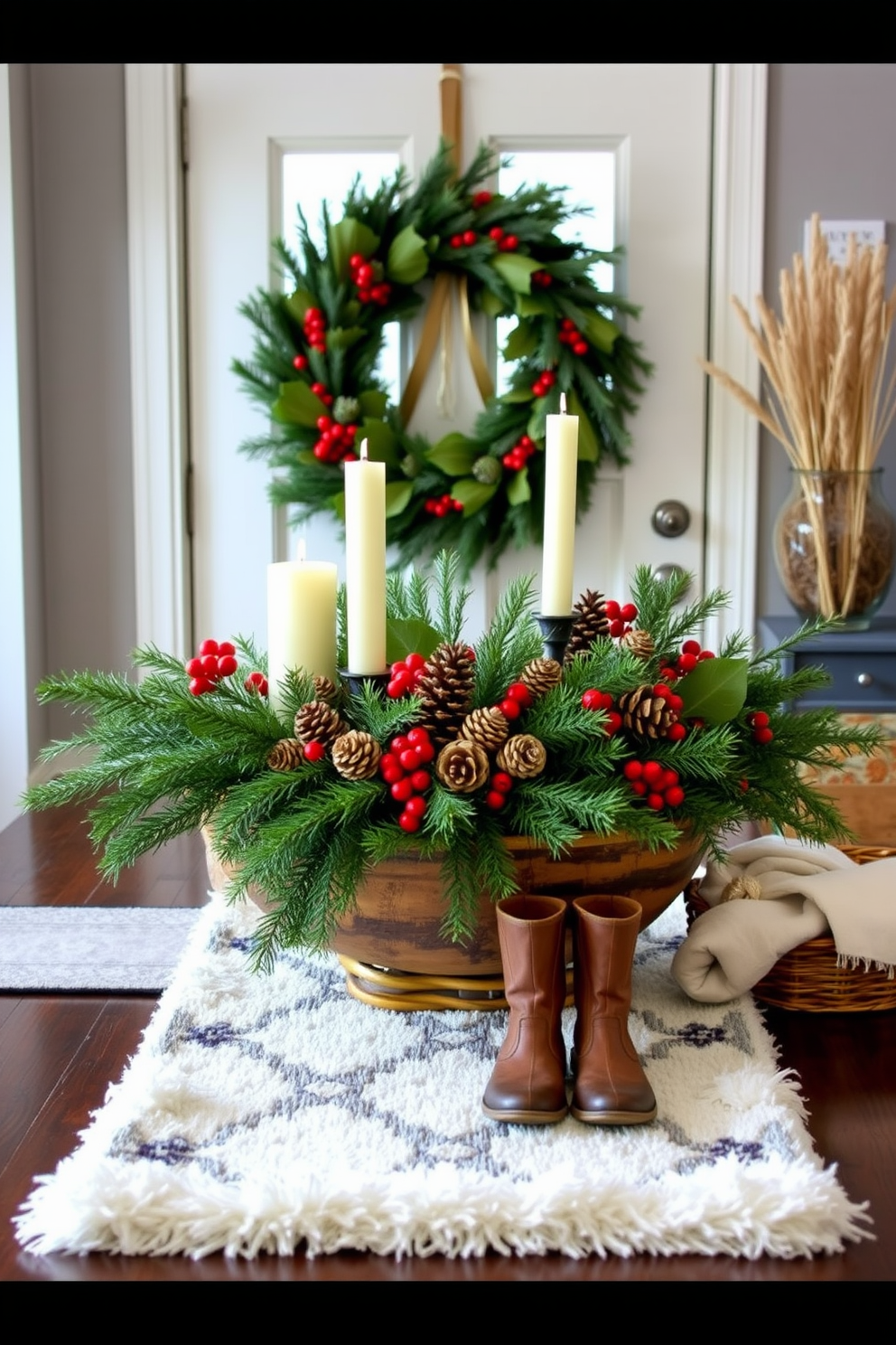 A cozy winter entryway filled with candles of varied heights creating a warm ambiance. The space features a rustic wooden bench adorned with soft blankets and a woven basket filled with seasonal decor.