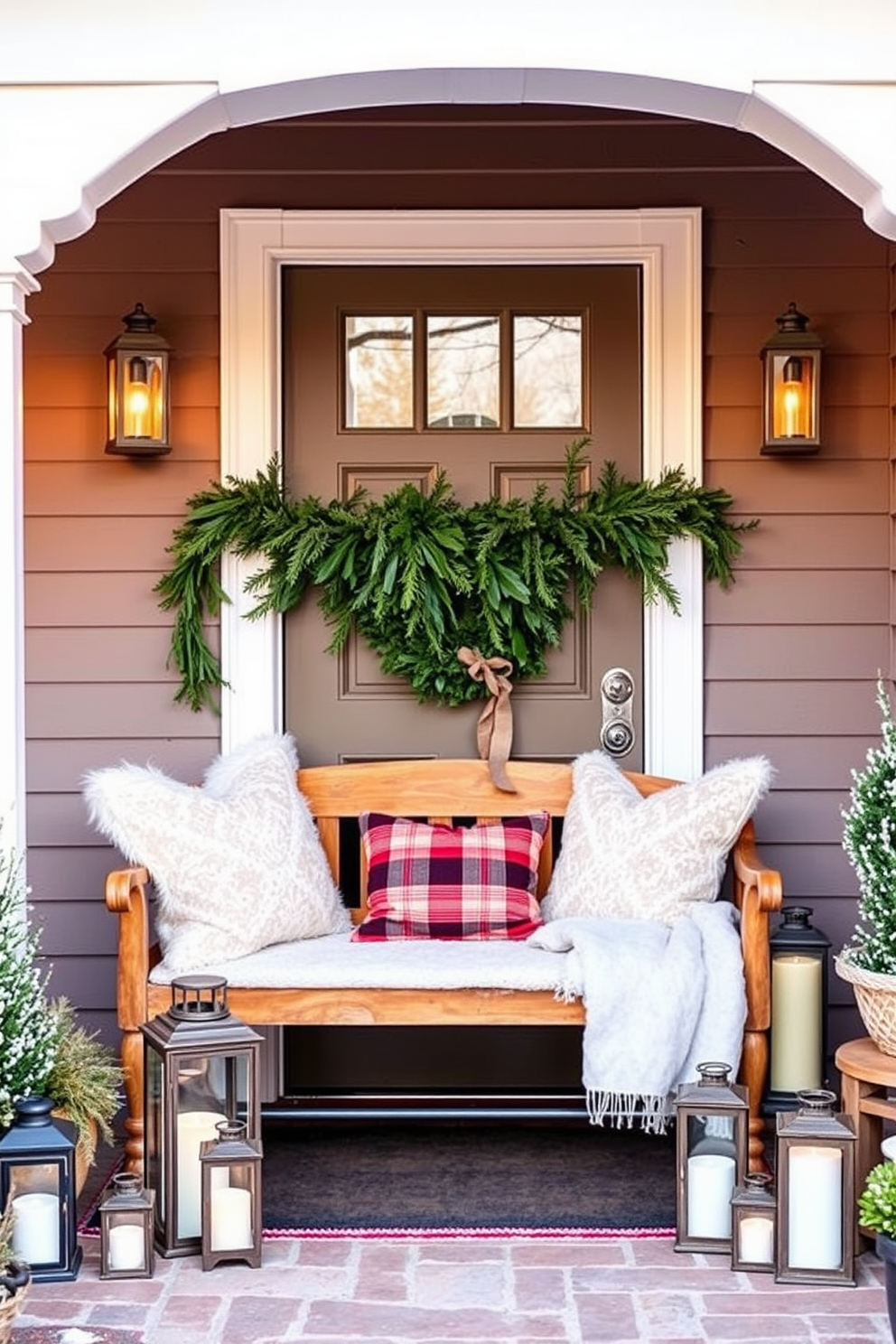 A cozy winter entryway adorned with decorative lanterns casting a warm glow. The space features a rustic wooden bench with plush cushions, surrounded by evergreen garlands and seasonal decorations.