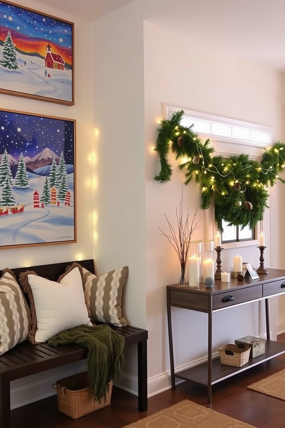 A winter entryway adorned with ornamental branches in a large vase creates a warm and inviting atmosphere. The branches are elegantly arranged, showcasing their natural beauty against a backdrop of soft, neutral tones. Fluffy white snowflakes delicately rest on the branches, enhancing the seasonal charm. A cozy bench is positioned nearby, inviting guests to pause and enjoy the serene winter decor.