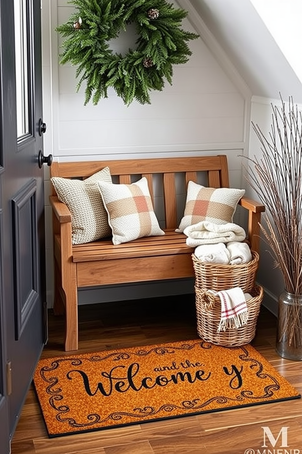 A cozy winter entryway featuring a personalized welcome mat that greets guests with a warm message. The space is adorned with seasonal decorations, including evergreen garlands draped over a wooden bench and a basket filled with soft blankets.