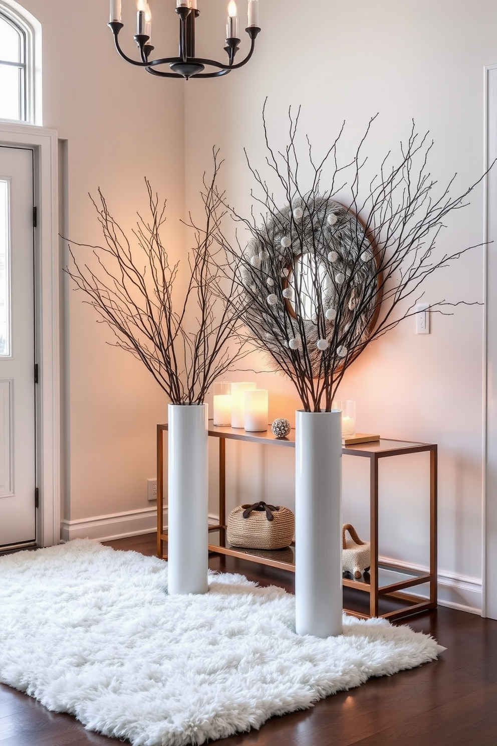 A charming small table positioned in a cozy entryway adorned with seasonal winter decor. The table is topped with a rustic wooden tray holding pinecones, candles, and a small evergreen arrangement. A soft knitted runner drapes across the table, complementing the warm wood tones. Flanking the table are decorative lanterns filled with fairy lights, creating a welcoming glow for guests.