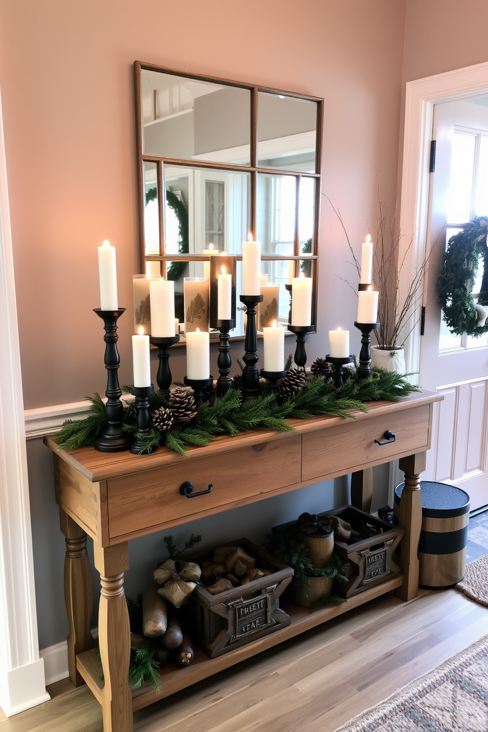 A welcoming winter entryway adorned with seasonal candles creating a cozy ambiance. The space features a rustic wooden console table topped with an arrangement of various candles in different heights, surrounded by pinecones and greenery.