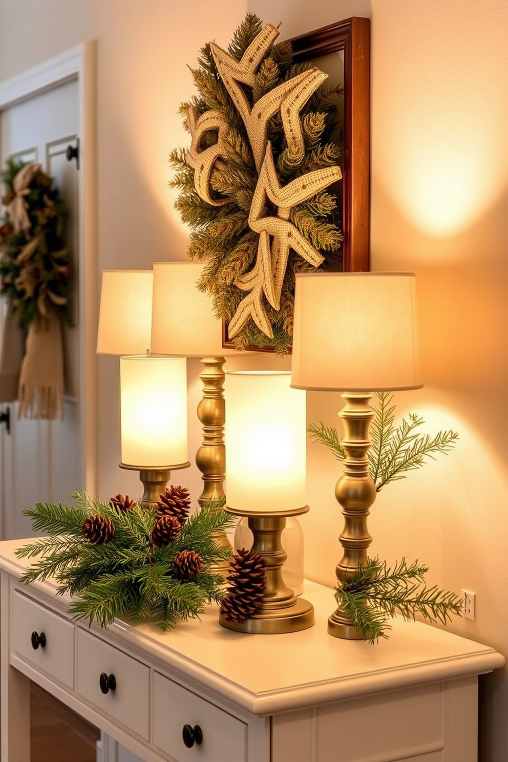 A cozy entryway adorned for winter with warm lighting that creates an inviting atmosphere. Decorative lamps with soft, glowing light are placed on a console table, highlighting seasonal decor like pinecones and evergreen branches.