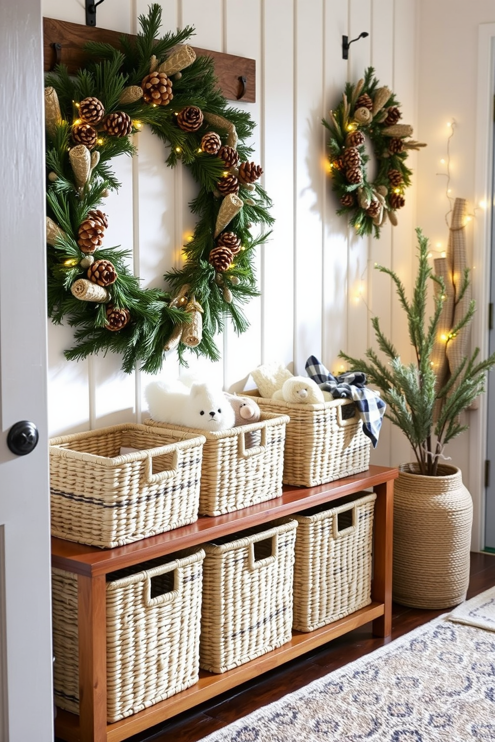 A cozy winter entryway features functional storage baskets made of natural woven materials, neatly arranged on a wooden bench. The walls are adorned with seasonal decorations, including a wreath made of pinecones and twinkling fairy lights, creating a warm and inviting atmosphere.