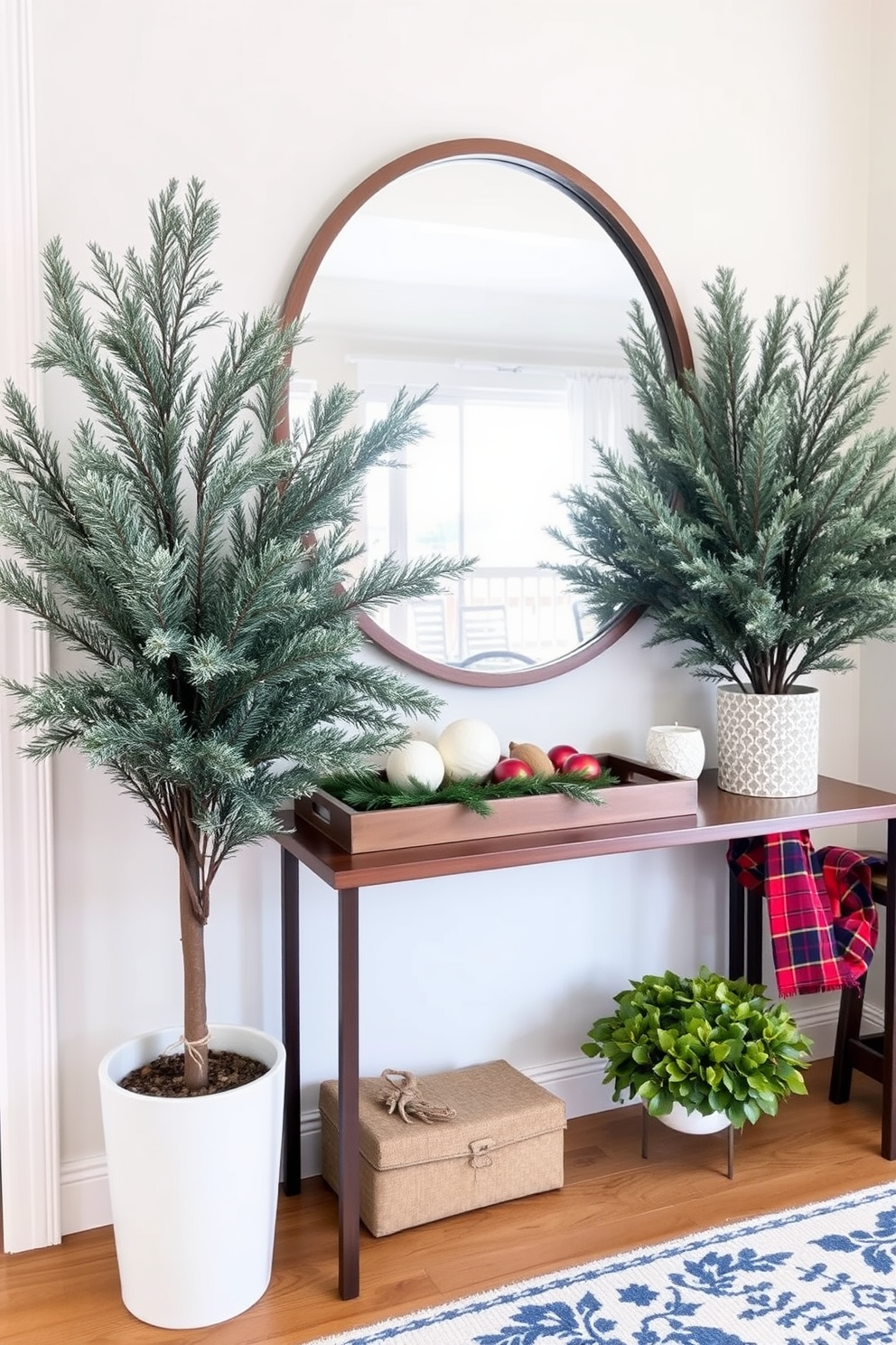 A cozy winter entryway featuring faux plants that add a refreshing touch of greenery. The space includes a stylish console table adorned with a decorative tray and seasonal accents, creating a warm and inviting atmosphere.