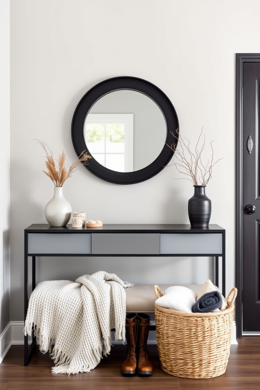 A chic entryway features a large round mirror with a sleek black frame that reflects natural light. The walls are adorned with a soft gray paint, and a stylish console table below the mirror displays decorative items and a small potted plant. In this winter entryway, cozy elements are introduced with a chunky knit throw draped over a bench. A warm welcome is created with a woven basket filled with blankets and a pair of stylish boots placed neatly beside it.