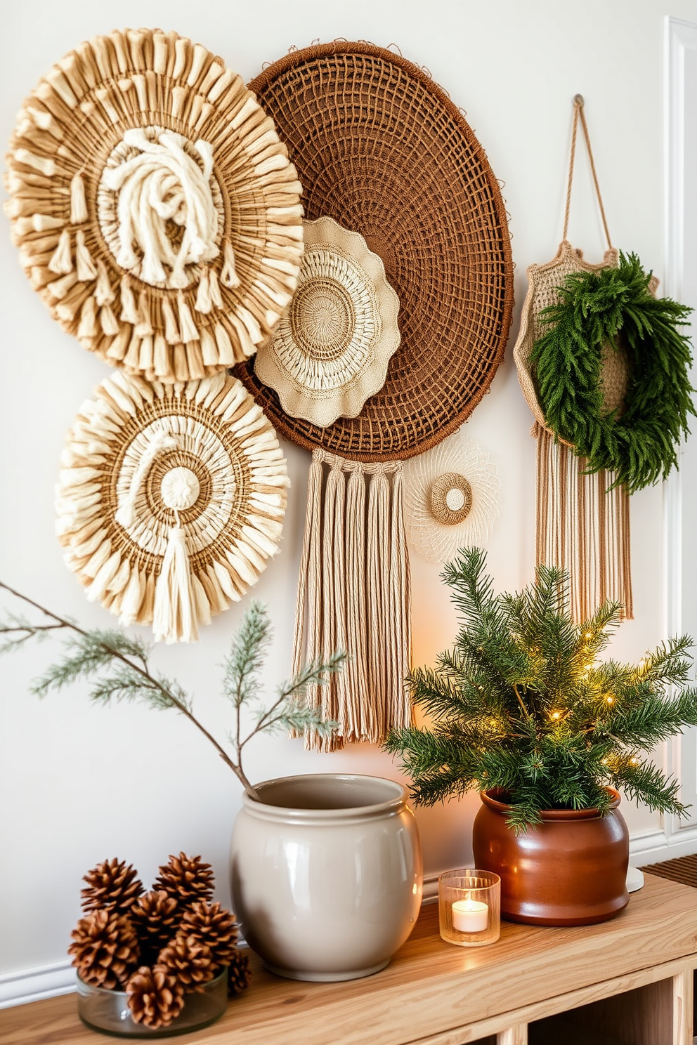 Textured wall hangings made from natural fibers and woven materials create a warm and inviting atmosphere. Incorporate a mix of colors and patterns to enhance the visual interest in the space. For a winter entryway, use a cozy color palette featuring deep greens, rich browns, and soft whites. Add seasonal elements like pinecones, evergreen branches, and warm lighting to create a welcoming ambiance.