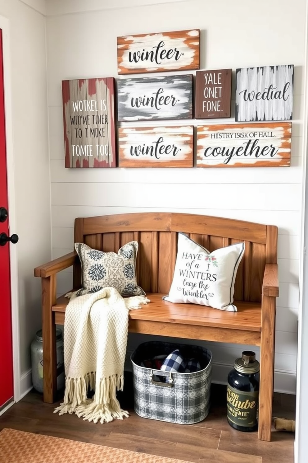 A cozy winter entryway features a stylish console table adorned with seasonal books stacked for display. Soft neutral tones dominate the space, complemented by a warm throw blanket draped over the table and a decorative lantern casting a gentle glow.