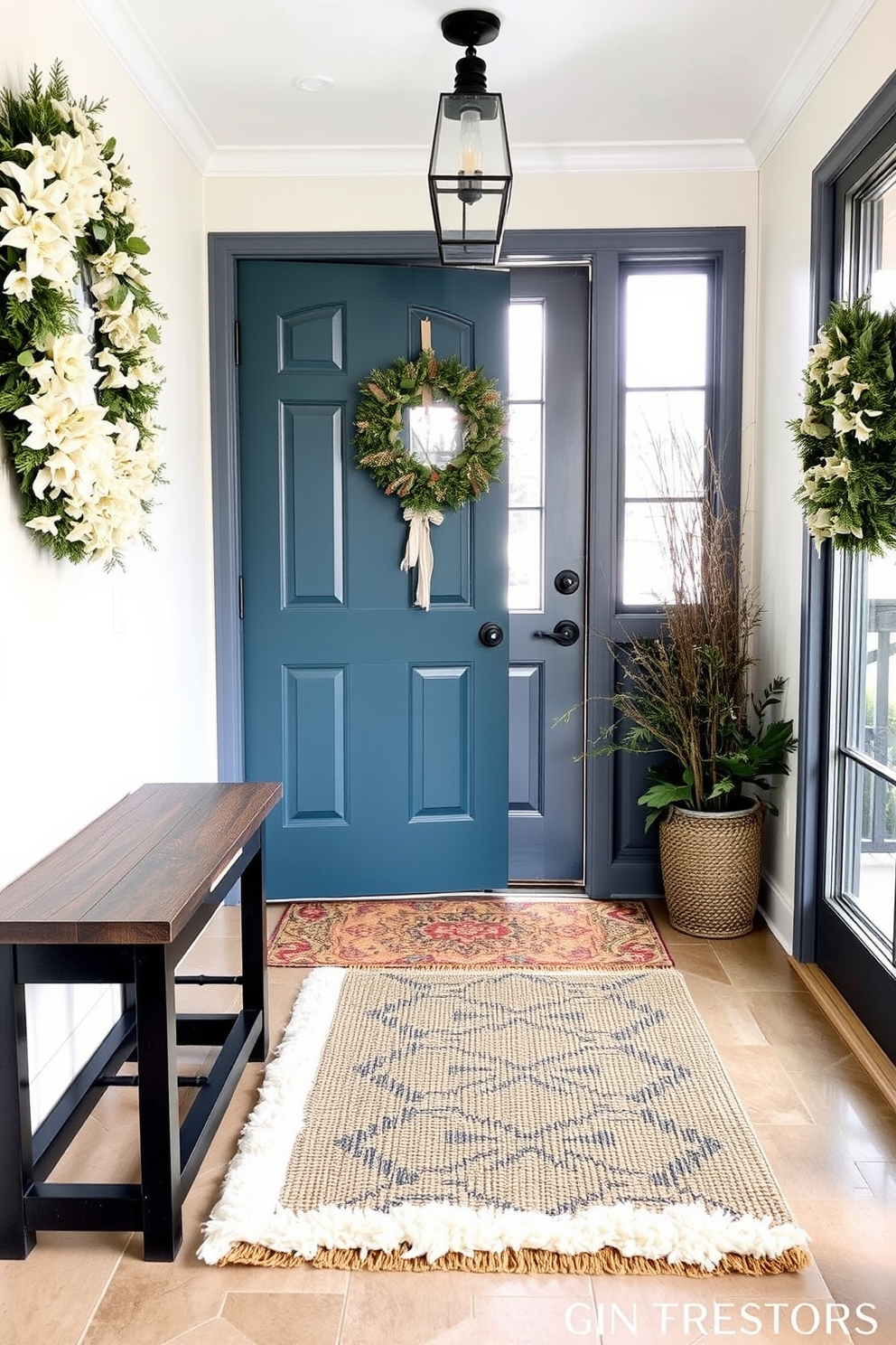 A bright and airy winter entryway adorned with a large mirror that reflects the soft natural light streaming in through the front door. The walls are painted in a crisp white, and a cozy bench sits beneath the mirror, draped with a warm throw blanket. To the side, a stylish console table displays seasonal decor, including pinecones and evergreen branches in a rustic vase. The floor is covered with a plush area rug that adds warmth, while a pair of elegant winter-themed artwork pieces hang above the table.