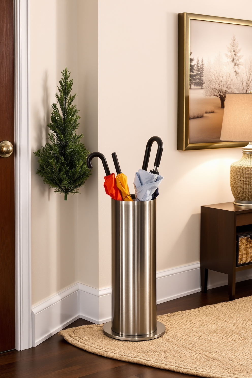 A cozy winter entryway featuring a wooden console table adorned with an array of scented candles in various heights and sizes. Soft, warm lighting illuminates the space, creating an inviting atmosphere that welcomes guests. The walls are decorated with seasonal wreaths made of evergreen branches, while a plush rug in neutral tones lies underfoot. A decorative basket filled with cozy blankets is placed nearby, enhancing the warm and inviting feel of the entryway.