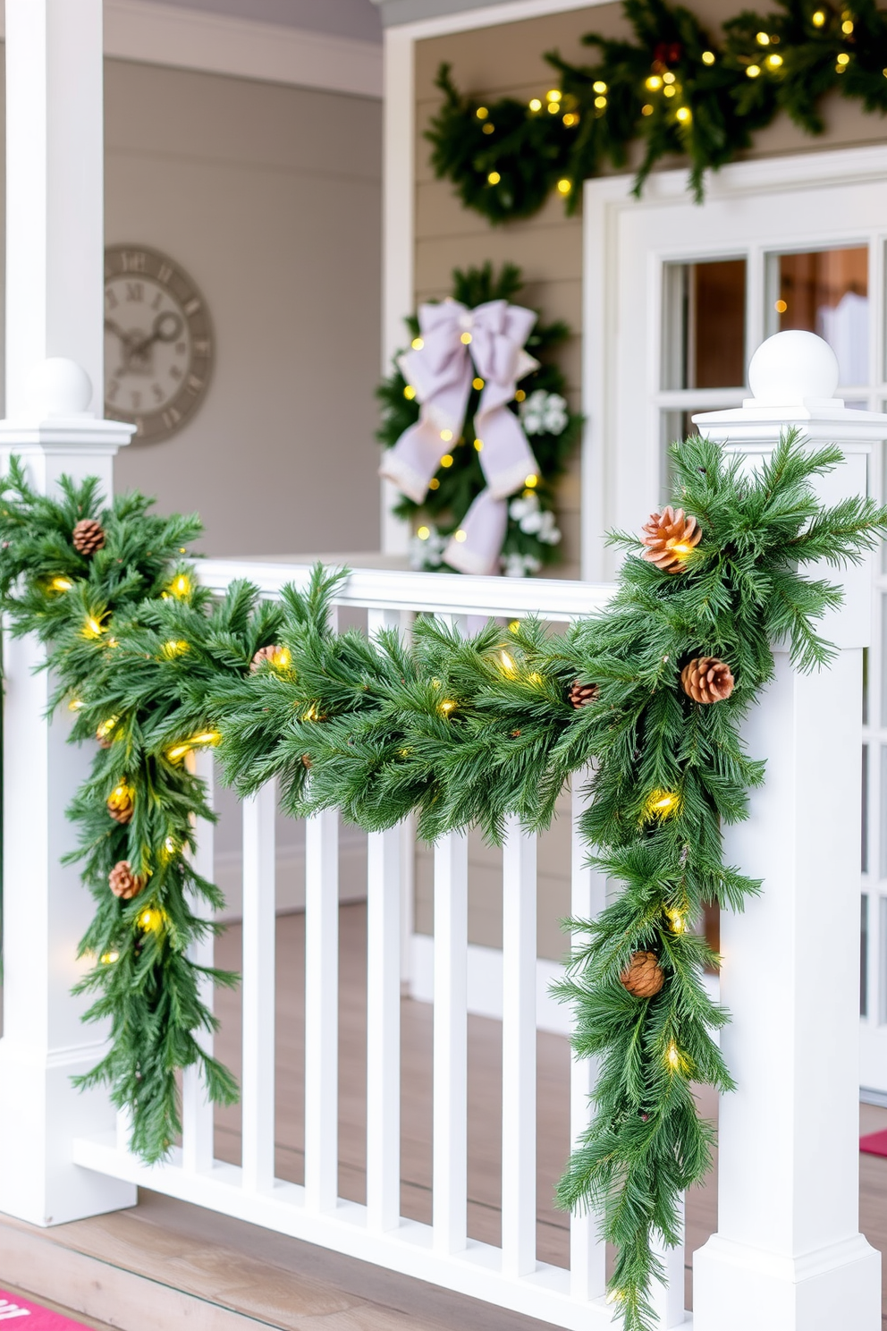 A cozy winter entryway adorned with seasonal garlands draped elegantly on the railings. The garlands are lush and green, accented with twinkling fairy lights and pine cones, creating a warm and inviting atmosphere.