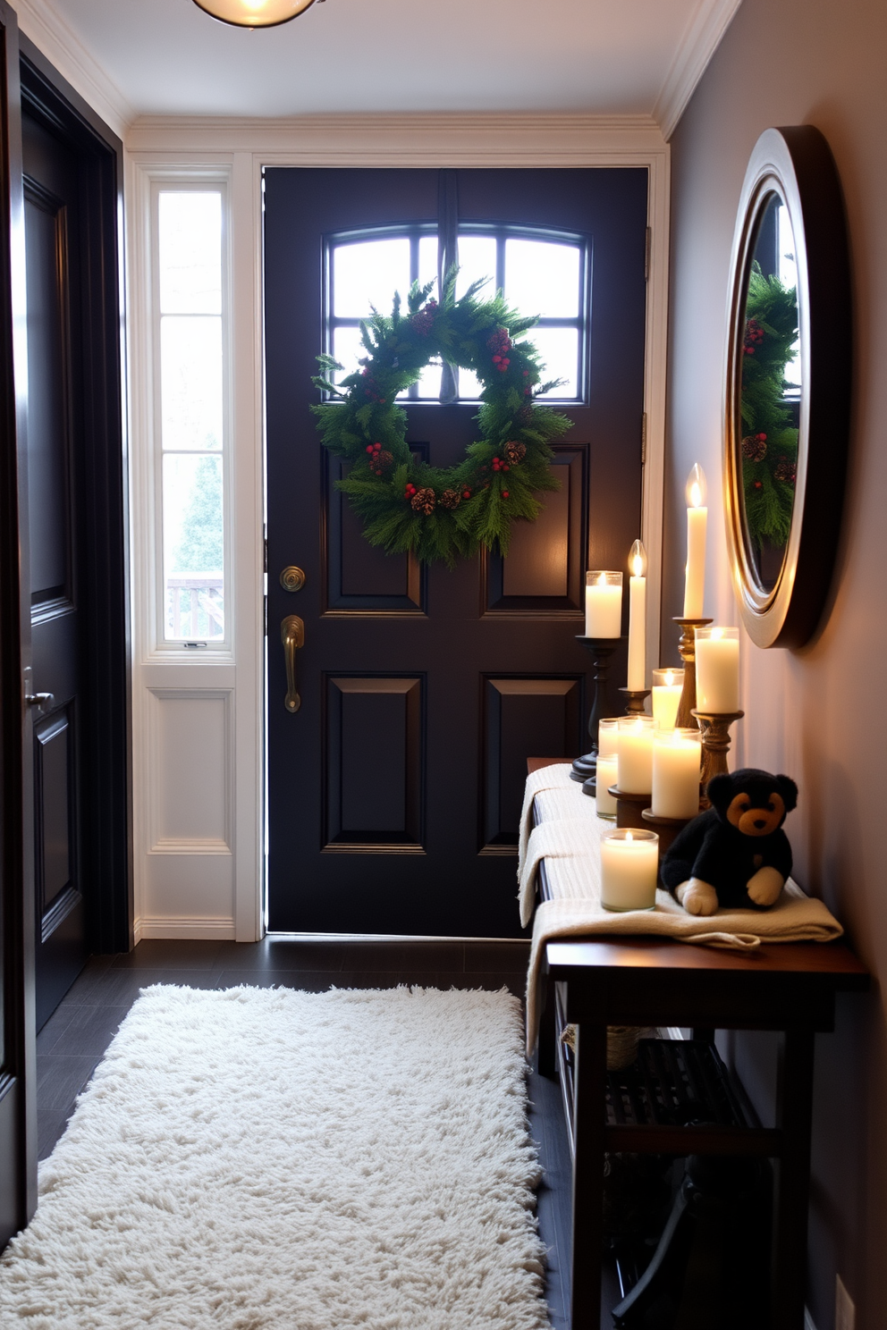 A beautiful winter entryway featuring a seasonal wreath on the front door. The wreath is adorned with pinecones, red berries, and lush greenery, creating a warm and inviting atmosphere. Inside, a cozy console table is decorated with a collection of candles in varying heights, casting a soft glow. A plush runner in neutral tones leads guests into the home, enhancing the seasonal charm.