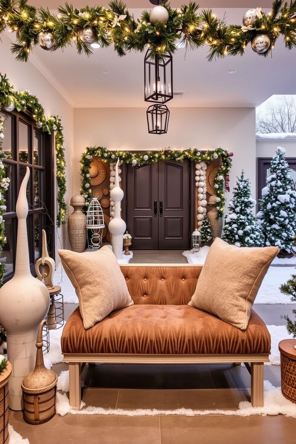 A cozy winter entryway features a rustic wooden table adorned with a lush seasonal garland. The garland is interspersed with pinecones and twinkling fairy lights, creating a warm and inviting atmosphere.