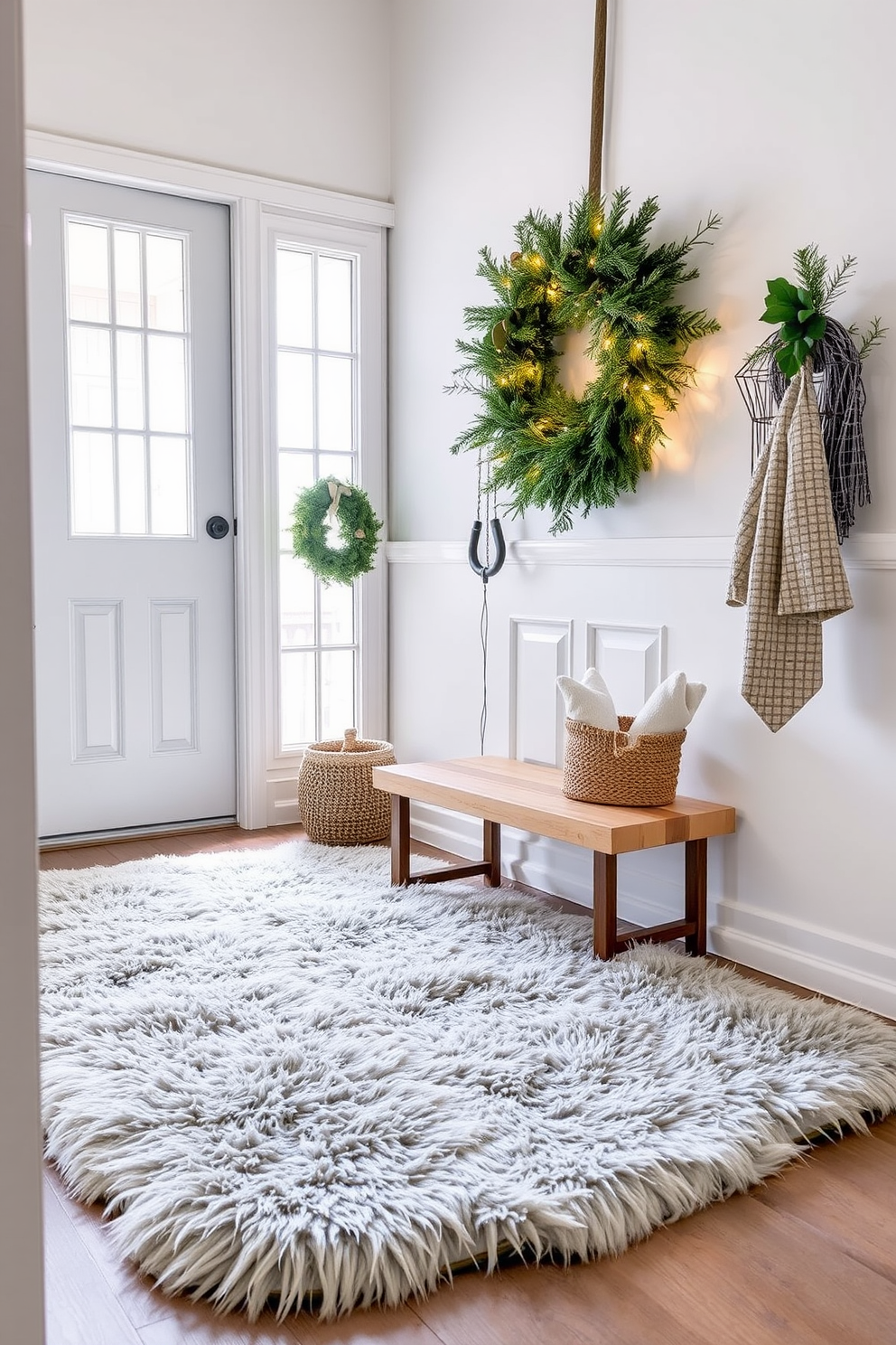 A cozy winter entryway features a plush faux fur rug that adds warmth and comfort underfoot. The space is adorned with seasonal decorations, including a wreath made of evergreen branches and twinkling fairy lights.