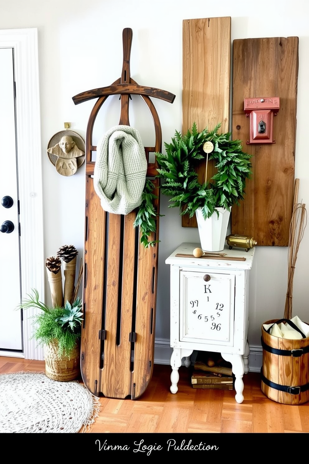 A cozy winter entryway featuring a vintage sled as a charming decorative piece. The sled is propped against a wall adorned with warm, neutral tones, surrounded by rustic wooden elements and seasonal greenery.