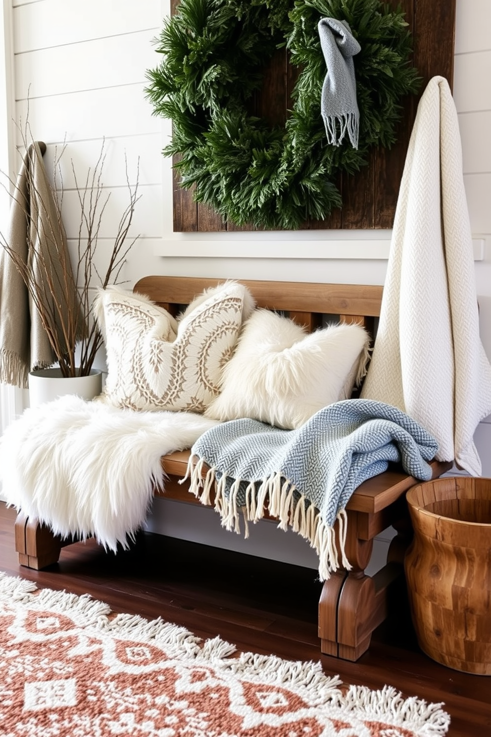 Layered textures create a warm and inviting winter entryway. A mix of plush pillows and soft throws adorns a rustic bench, while a cozy area rug anchors the space.