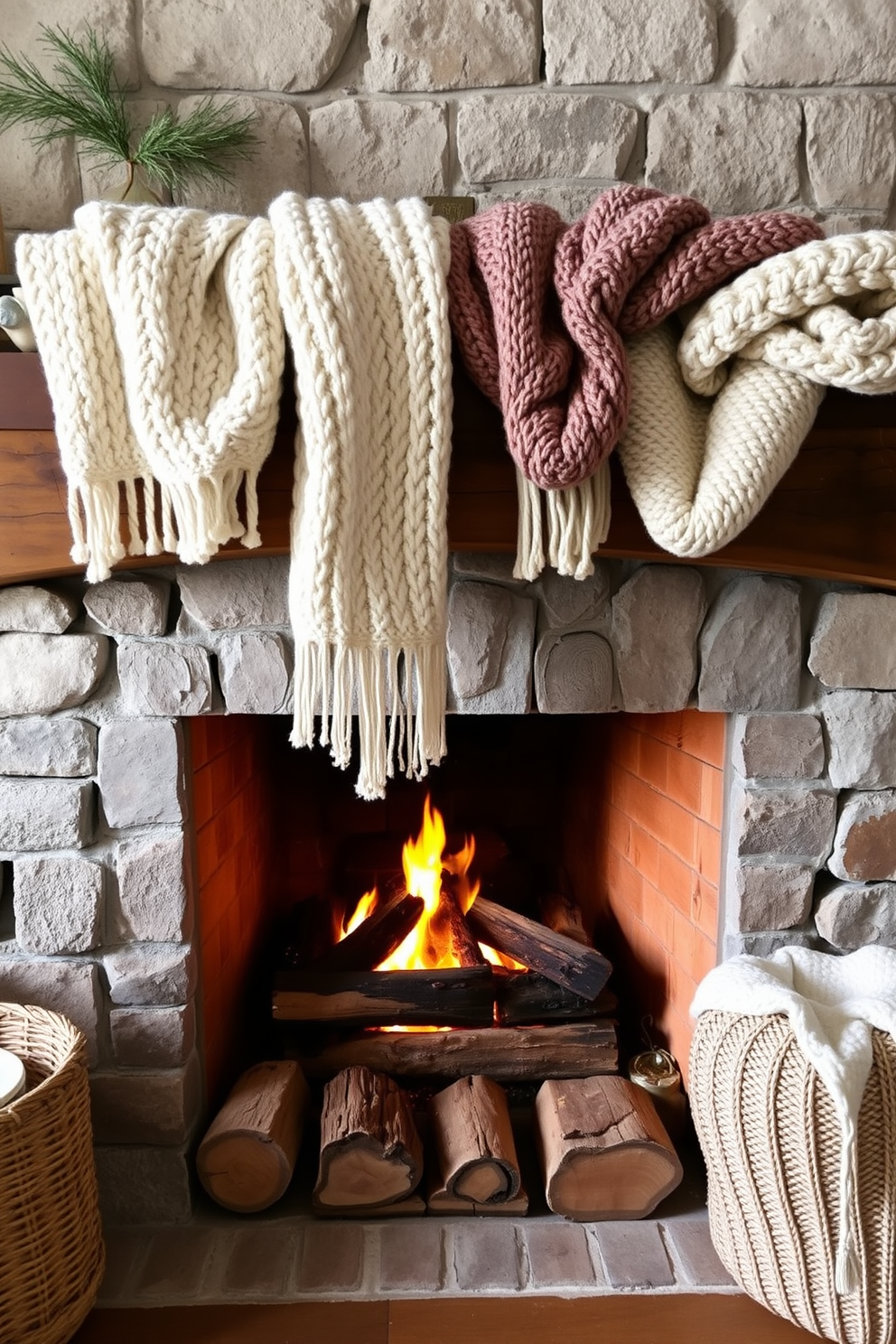 A warm and inviting winter living room features a rustic wooden mantel adorned with cozy knit blankets in soft neutral tones. Above the mantel, a classic fireplace crackles with a gentle glow, surrounded by seasonal decorations that enhance the cozy atmosphere.