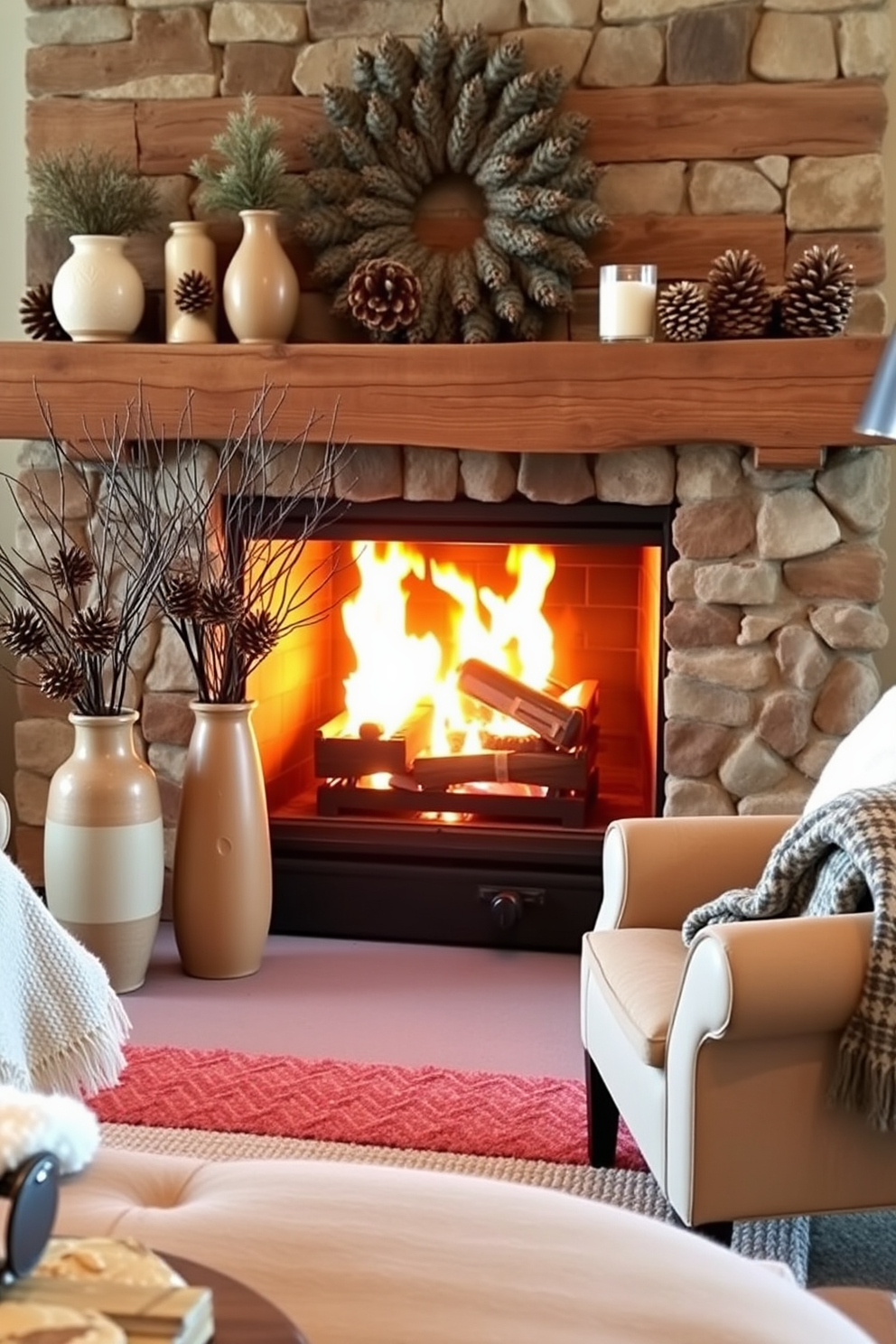 A cozy living room adorned with framed winter art that captures the serene beauty of snowy landscapes. The artwork features a mix of white frames and rustic wooden accents, creating a harmonious blend with the room's decor. A beautifully decorated fireplace serves as the focal point, featuring a mantel adorned with evergreen garlands and soft white lights. Stockings hang from the mantel, each uniquely designed to enhance the winter charm of the space.