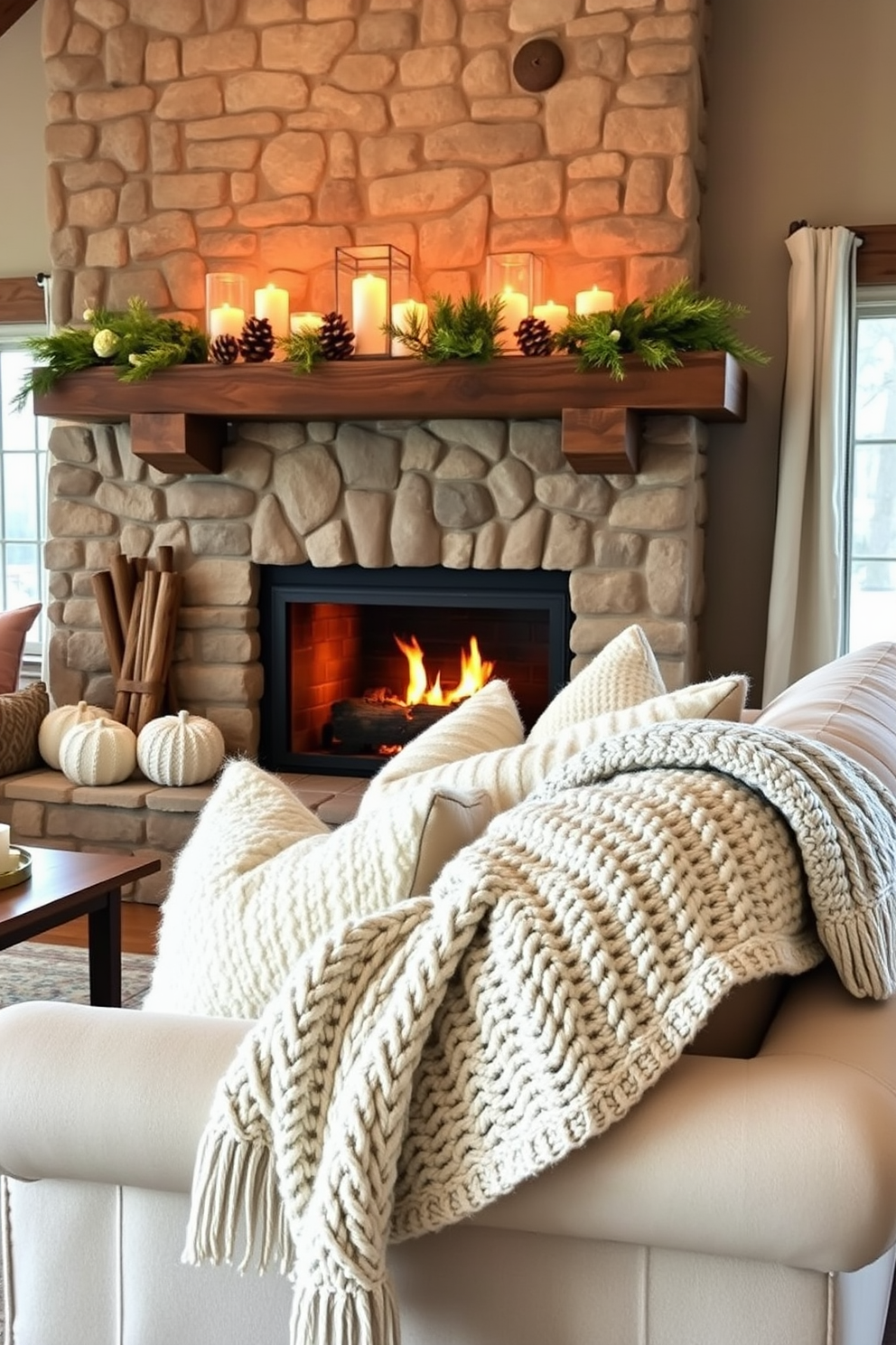 A cozy winter living room features a large stone fireplace with a warm crackling fire. The mantle is adorned with seasonal decorations including pinecones and evergreen branches. The seating area is arranged with a plush sofa layered with various textured pillows and soft throws in shades of cream and gray. A chunky knit blanket drapes over the arm of the sofa, inviting warmth and comfort.