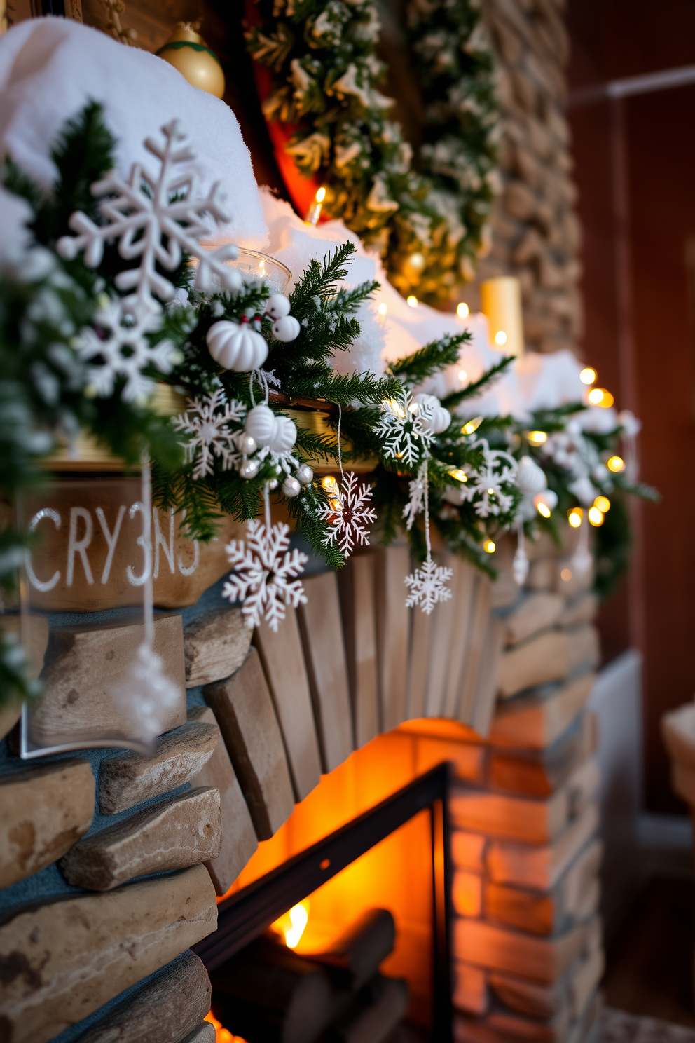 A cozy winter scene featuring a beautifully decorated fireplace mantel adorned with delicate snowflake ornaments. The fireplace itself is surrounded by a rustic stone facade, casting a warm glow that complements the winter decor.