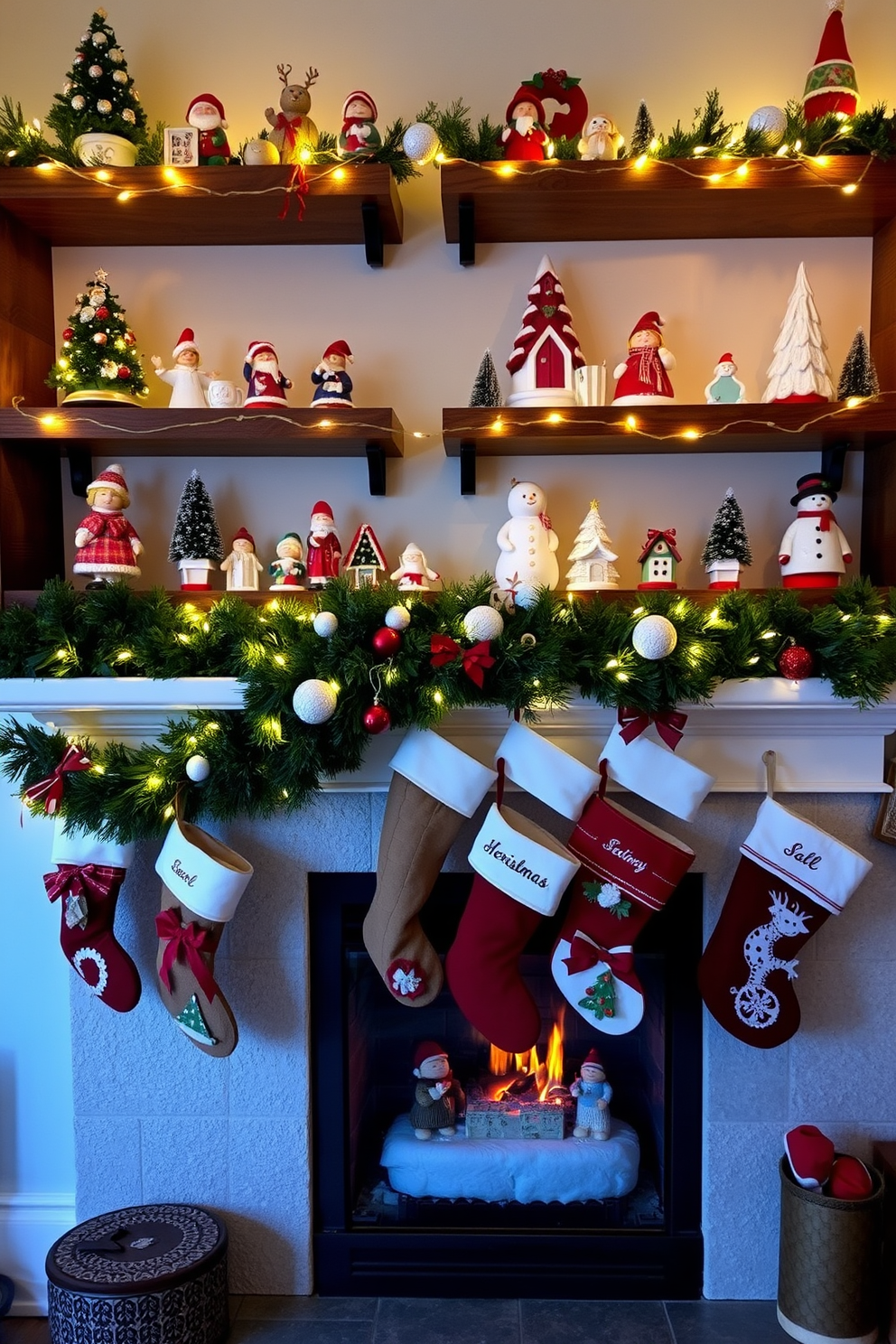 Charming holiday figurines are artfully arranged on wooden shelves, showcasing a variety of festive designs and colors. The shelves are adorned with twinkling fairy lights that add a warm glow, enhancing the cozy atmosphere of the room. The winter fireplace is elegantly decorated with lush greenery and seasonal accents, creating a welcoming focal point. Stockings hang from the mantel, each uniquely designed, adding a personal touch to the festive decor.