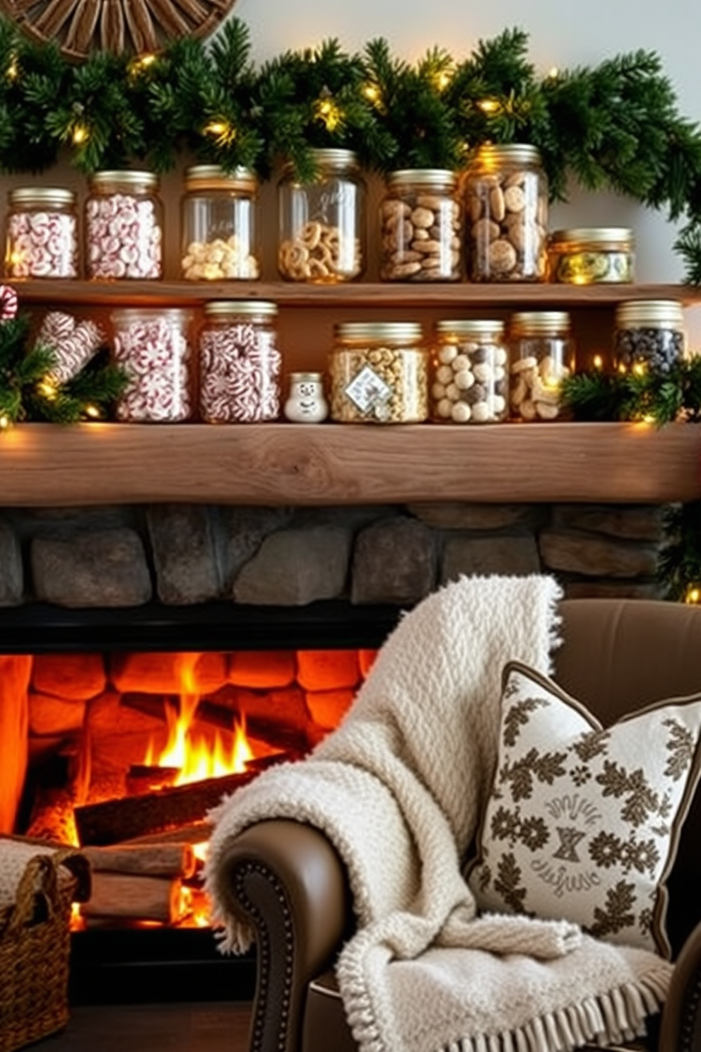 A cozy winter setting featuring simple glass jars filled with an assortment of winter treats such as peppermint candies, chocolate-covered pretzels, and homemade cookies. The jars are arranged on a rustic wooden shelf above a warm and inviting fireplace adorned with evergreen garlands and twinkling fairy lights. The fireplace is surrounded by a stone facade, creating a focal point in the room. Plush blankets and seasonal pillows are draped over a comfortable armchair nearby, inviting relaxation and warmth during the chilly winter months.