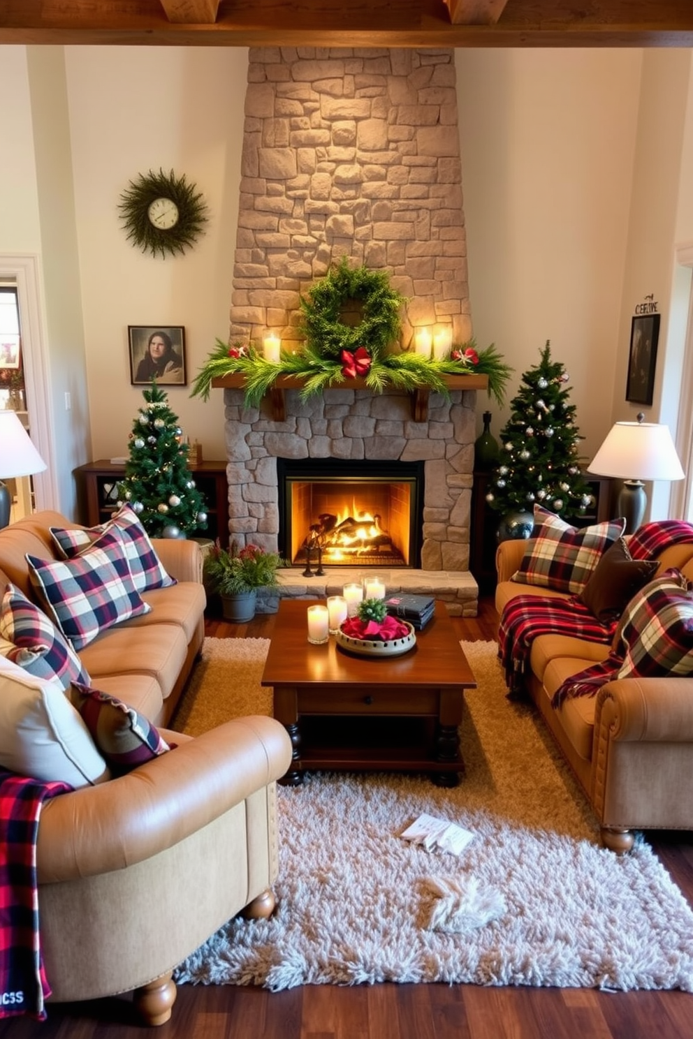 A warm and inviting living room featuring cozy plaid patterns on throw pillows and blankets. The space is centered around a beautiful stone fireplace adorned with seasonal decorations and flickering candles. The walls are painted in a soft cream color, enhancing the warmth of the wooden furniture. A plush area rug in earthy tones anchors the seating arrangement, creating a perfect spot for relaxation during winter evenings.