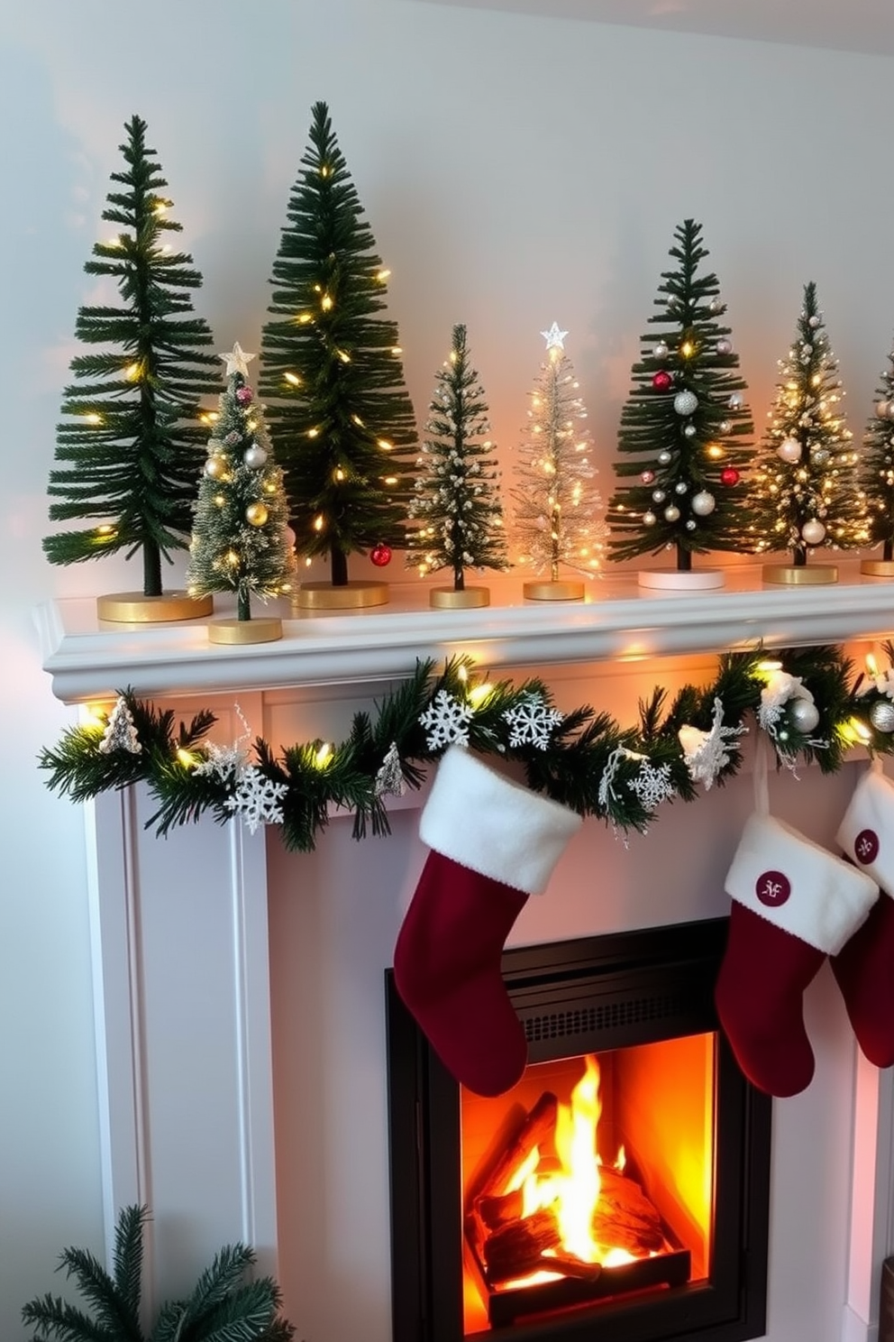 Miniature Christmas trees of varying heights are arranged on the mantel, adorned with twinkling fairy lights and delicate ornaments. A cozy winter fireplace crackles warmly below, surrounded by festive garlands and stockings hung with care.