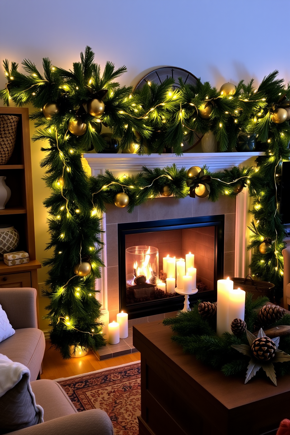 A cozy winter living room adorned with twinkling fairy lights wrapped around lush green garlands. The fireplace is elegantly decorated with pinecones and candles, creating a warm and inviting ambiance.