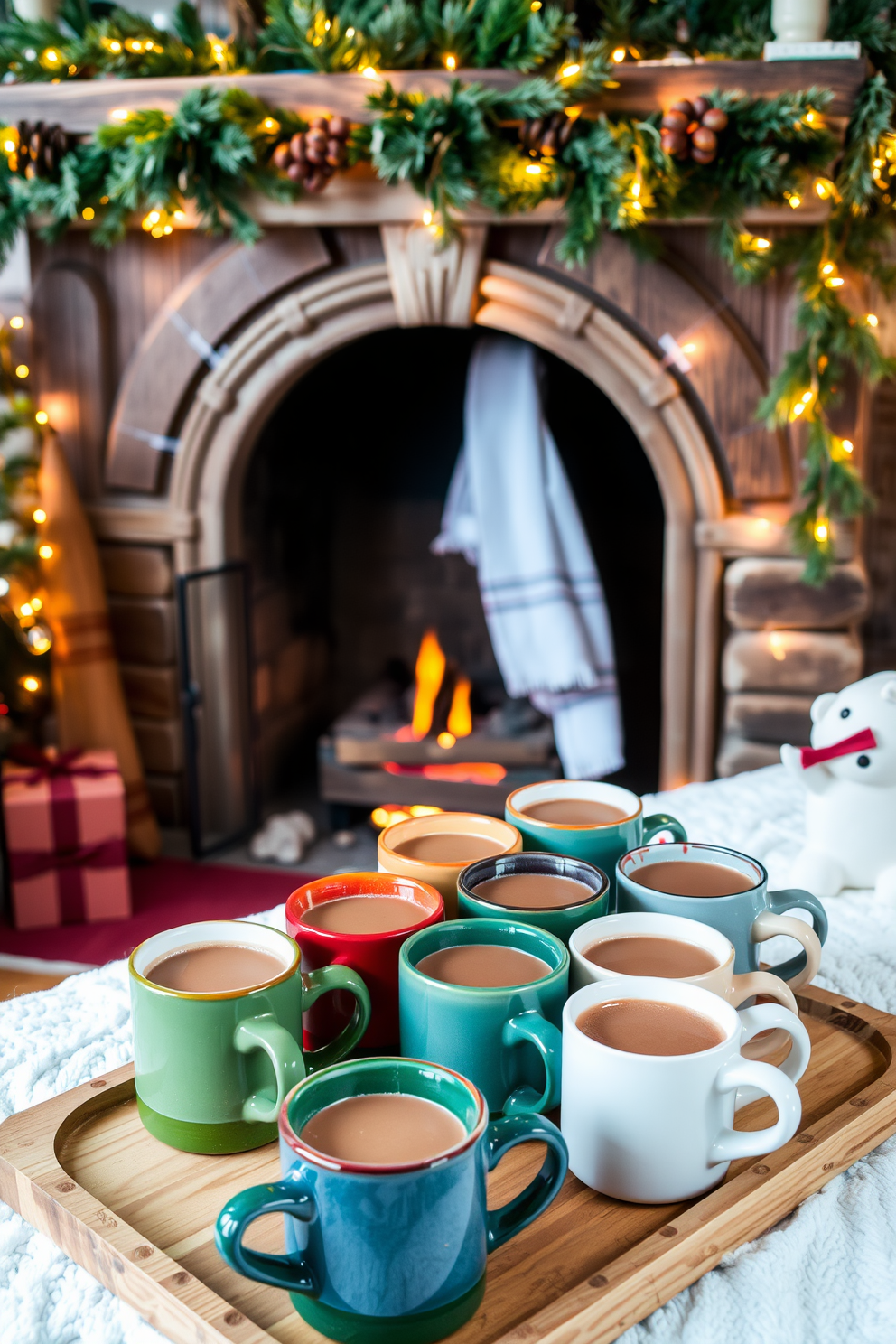 A cozy winter setting featuring a rustic fireplace adorned with evergreen garlands and twinkling fairy lights. In front of the fireplace, a collection of colorful ceramic mugs filled with hot cocoa is artfully arranged on a wooden tray.