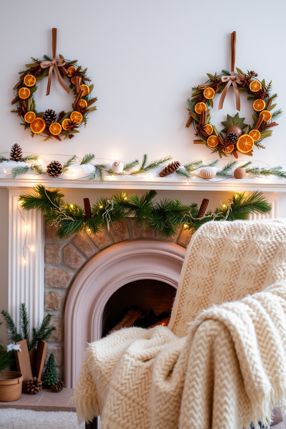 Chic ceramic pots filled with winter blooms are arranged on a sleek wooden shelf. The pots feature intricate designs and varying heights, creating a visually appealing display. A cozy fireplace is adorned with garlands of evergreen and twinkling fairy lights. Stockings in rich textures hang from the mantel, adding a festive touch to the warm ambiance.