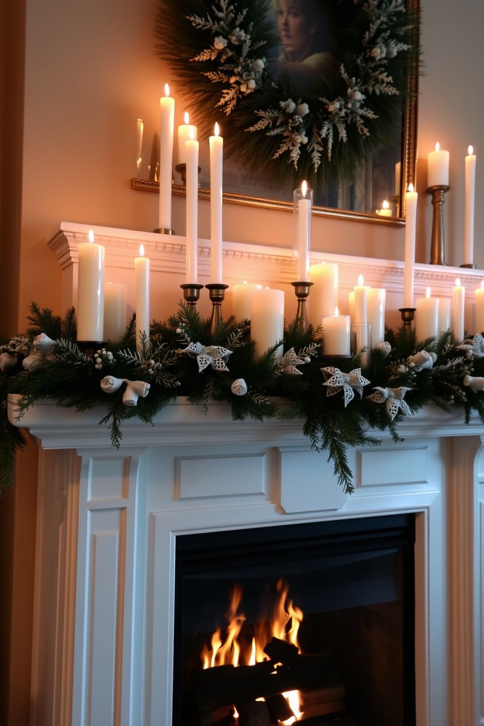 A cozy winter fireplace setting adorned with clustered candles in varying heights. The flickering candlelight casts a warm glow, enhancing the inviting atmosphere of the room.