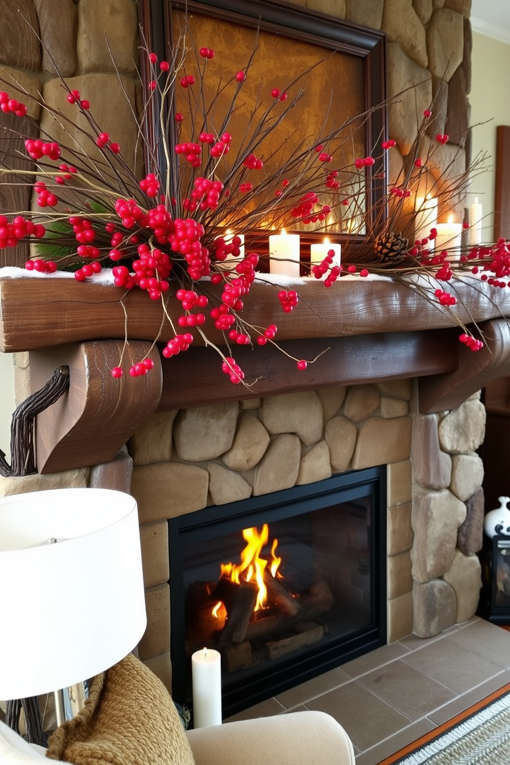 A cozy winter living room features a rustic fireplace adorned with natural branches and clusters of red berries. The mantel is decorated with pinecones and candles, creating a warm and inviting atmosphere.