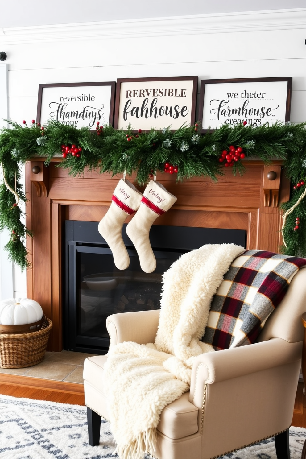 A cozy winter living room featuring a classic farmhouse fireplace adorned with a beautiful garland of pine and berries. On the mantel, reversible farmhouse signs display seasonal greetings, enhancing the warm and inviting atmosphere of the space. The fireplace is surrounded by a rustic wood mantle, with stockings hanging from it in cheerful colors. Soft, fluffy blankets are draped over the nearby armchair, inviting relaxation during the chilly winter evenings.