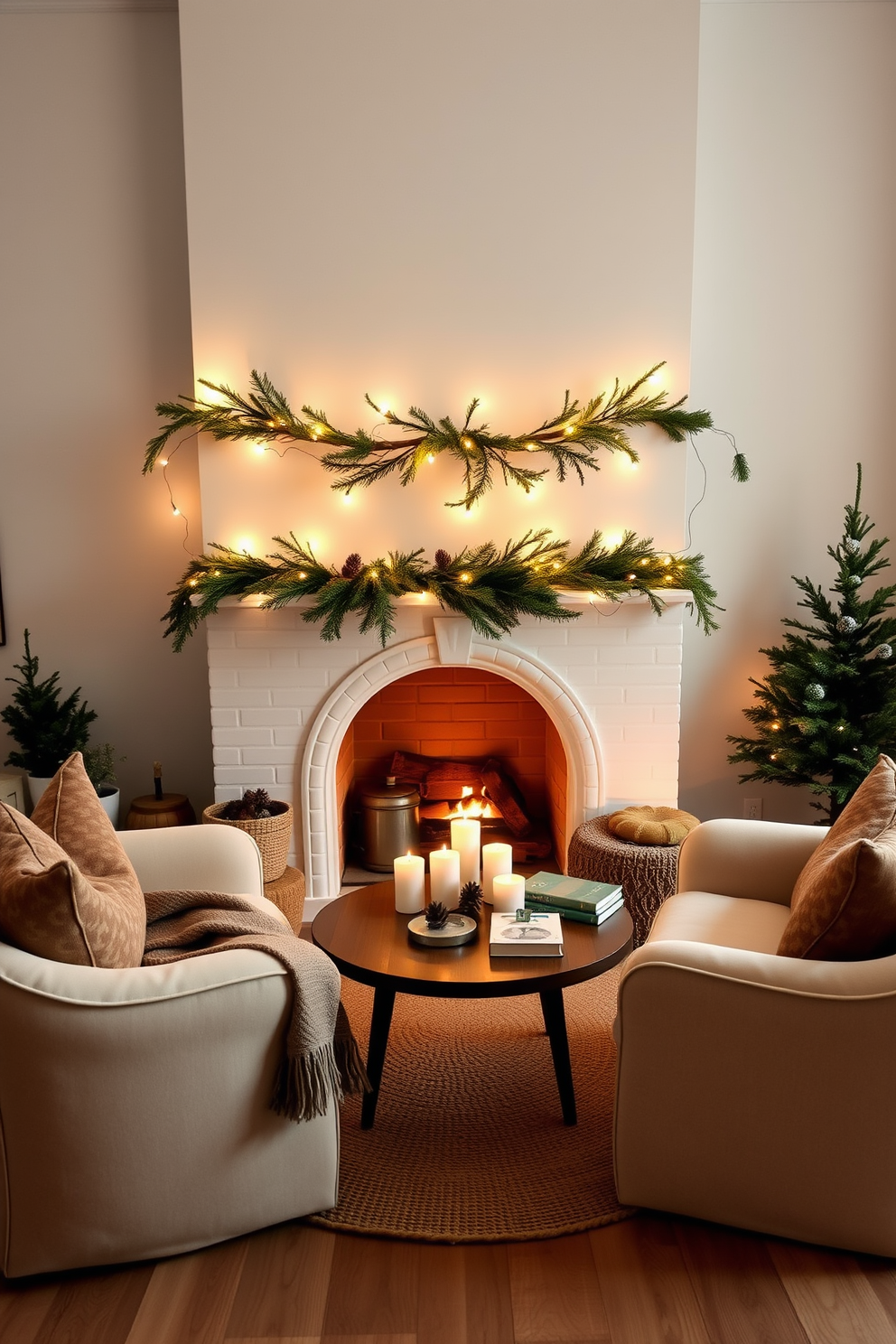 A cozy seating area inspired by hygge principles is positioned near a warm fireplace. Soft, oversized armchairs in neutral tones are paired with a plush throw blanket and a round coffee table adorned with candles and a stack of books. The fireplace is elegantly decorated for winter with natural elements like pinecones and evergreen branches. A simple garland drapes across the mantel, complemented by twinkling fairy lights that create a warm, inviting glow.