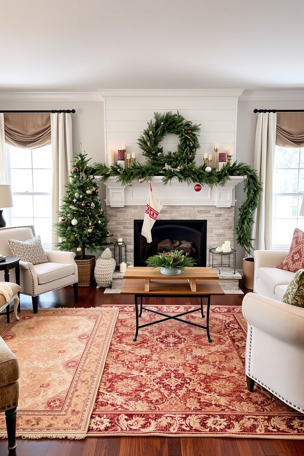 A cozy living room adorned with layered rugs that add warmth and texture to the space. The rugs feature a mix of soft neutrals and rich colors, creating a welcoming atmosphere. A grand fireplace serves as the focal point of the room, decorated with seasonal accents for a winter theme. The mantel is adorned with evergreen garlands, candles, and decorative ornaments that evoke a festive spirit.