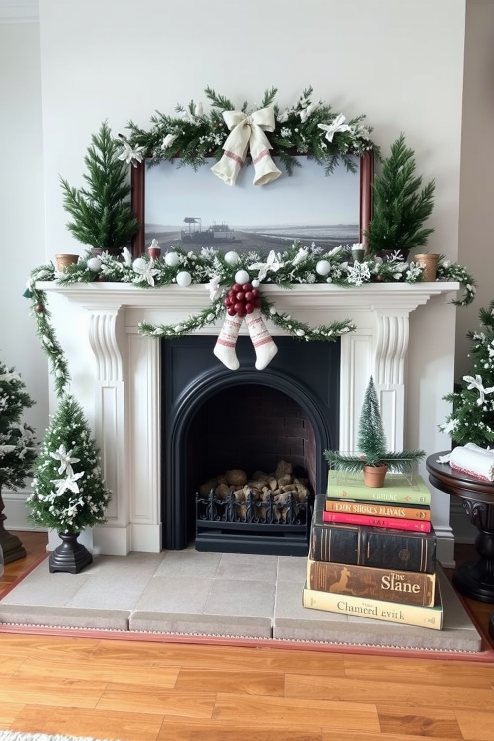 A cozy winter scene featuring a beautifully decorated fireplace. Beside the hearth, vintage books are stacked in a charming arrangement, adding warmth and character to the space.