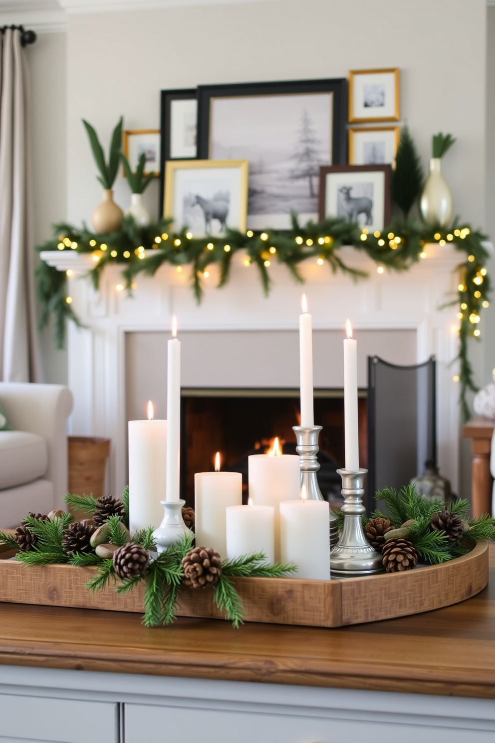 A cozy winter living room featuring a beautifully arranged decorative tray on a coffee table. The tray holds an assortment of seasonal candles in varying heights, surrounded by pinecones and evergreen sprigs for a festive touch. A warm fireplace serves as the focal point of the room, adorned with a garland of fresh greenery and twinkling fairy lights. Above the mantel, a collection of framed winter-themed art adds a personal and inviting element to the space.