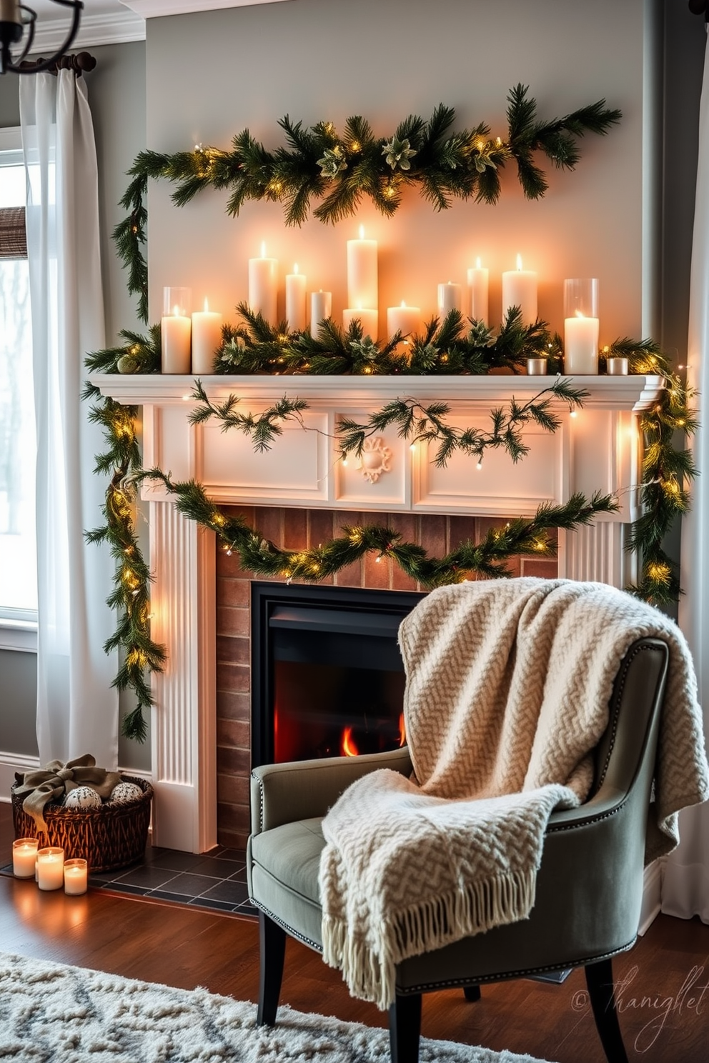 A cozy winter living room features a beautifully decorated fireplace with a mantle adorned with pine-scented candles. The warm glow of the candles enhances the inviting atmosphere, complemented by a plush throw blanket draped over a stylish armchair. Elegant pine garlands are arranged along the mantle, interspersed with twinkling fairy lights. The rich textures of the decor create a harmonious balance, making the space perfect for winter gatherings.