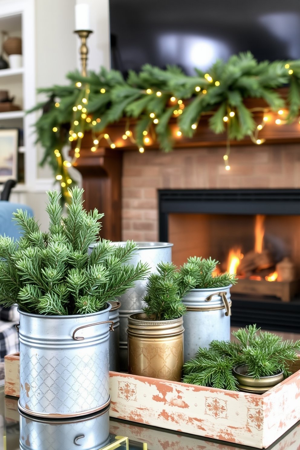 A cozy living room adorned with rustic metal containers filled with seasonal greens. The fireplace is elegantly decorated with a mix of pine branches and twinkling fairy lights, creating a warm and inviting atmosphere.