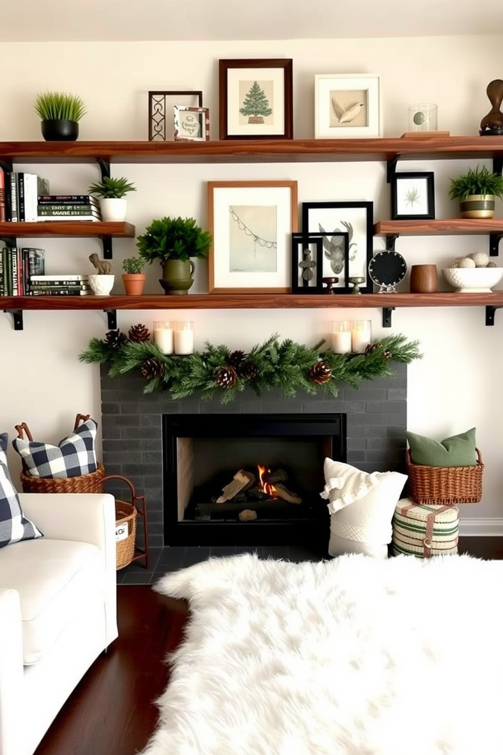 A cozy living room featuring wall-mounted shelves adorned with an array of decorative items such as books, plants, and art pieces. The shelves are made of reclaimed wood and are positioned above a stylish winter fireplace, creating a warm and inviting atmosphere. The fireplace is elegantly decorated with seasonal accents like pinecones, candles, and a garland of evergreen branches. A plush area rug lies in front of the fireplace, enhancing the comfort of the space while inviting relaxation during chilly winter evenings.