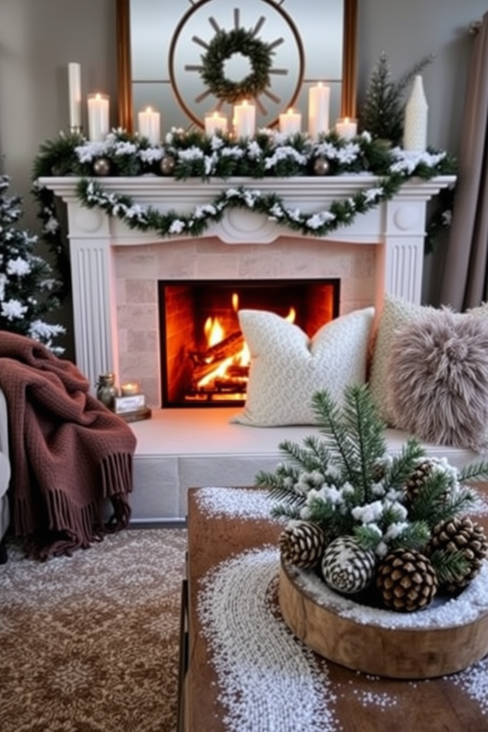 A cozy winter living room scene with a crackling fireplace as the focal point. The mantel is adorned with faux snow, candles, and festive decorations, creating a warm and inviting atmosphere. Plush blankets and pillows in soft textures are arranged on a comfortable sofa. A rustic coffee table is topped with winter-themed decor, including pinecones and small evergreen branches dusted with faux snow.