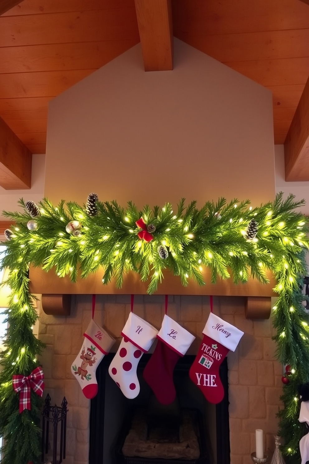 Fresh evergreen garlands adorned with twinkling lights drape elegantly across the mantelpiece. The warm glow of the lights complements the rustic charm of the wooden beams above, creating a cozy winter atmosphere. A classic stone fireplace serves as the focal point of the room, surrounded by seasonal decorations. Stockings hang from the mantel, each uniquely designed, adding a personal touch to the winter decor.