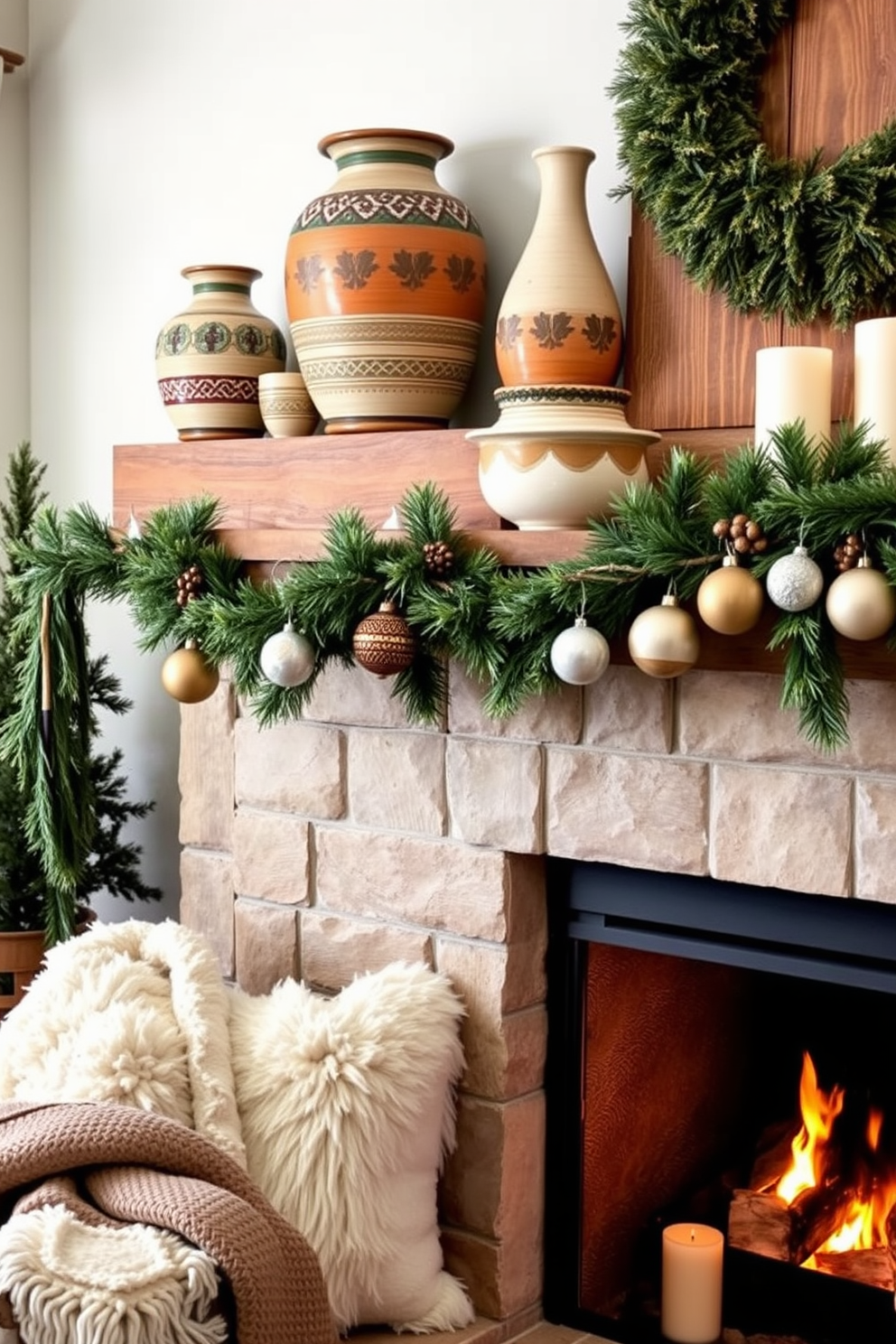 Vintage holiday decor for nostalgic vibes. A beautifully adorned Christmas tree stands in the corner, draped with colorful ornaments and twinkling lights. The mantelpiece is decorated with an assortment of vintage stockings and a garland made of pinecones and berries. A cozy armchair is placed nearby, with a plaid blanket casually thrown over the armrest. Winter fireplace decorating ideas. The fireplace is surrounded by an array of rustic candles in varying heights, casting a warm glow throughout the room. Above the mantel, a vintage mirror reflects the flickering flames, while evergreen branches are artfully arranged to create a festive atmosphere.