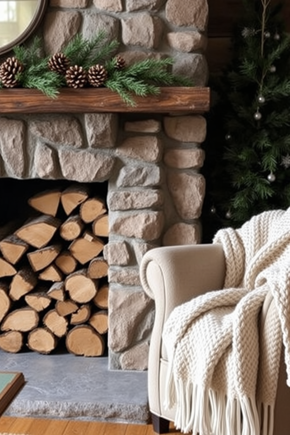 A cozy rustic fireplace setting. There are neatly stacked wooden logs beside a stone fireplace, creating a warm and inviting atmosphere. The mantel is adorned with winter decorations, including pinecones and evergreen branches. Soft, knitted blankets are draped over a nearby armchair, enhancing the seasonal charm.