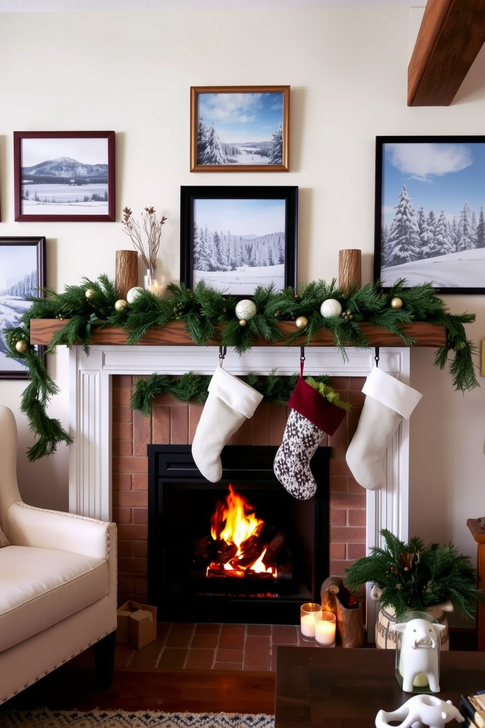 A cozy winter living room featuring a grand fireplace made of stone with a warm fire crackling inside. The space is adorned with layered textures including plush faux fur throws draped over a soft velvet sofa, creating an inviting atmosphere.