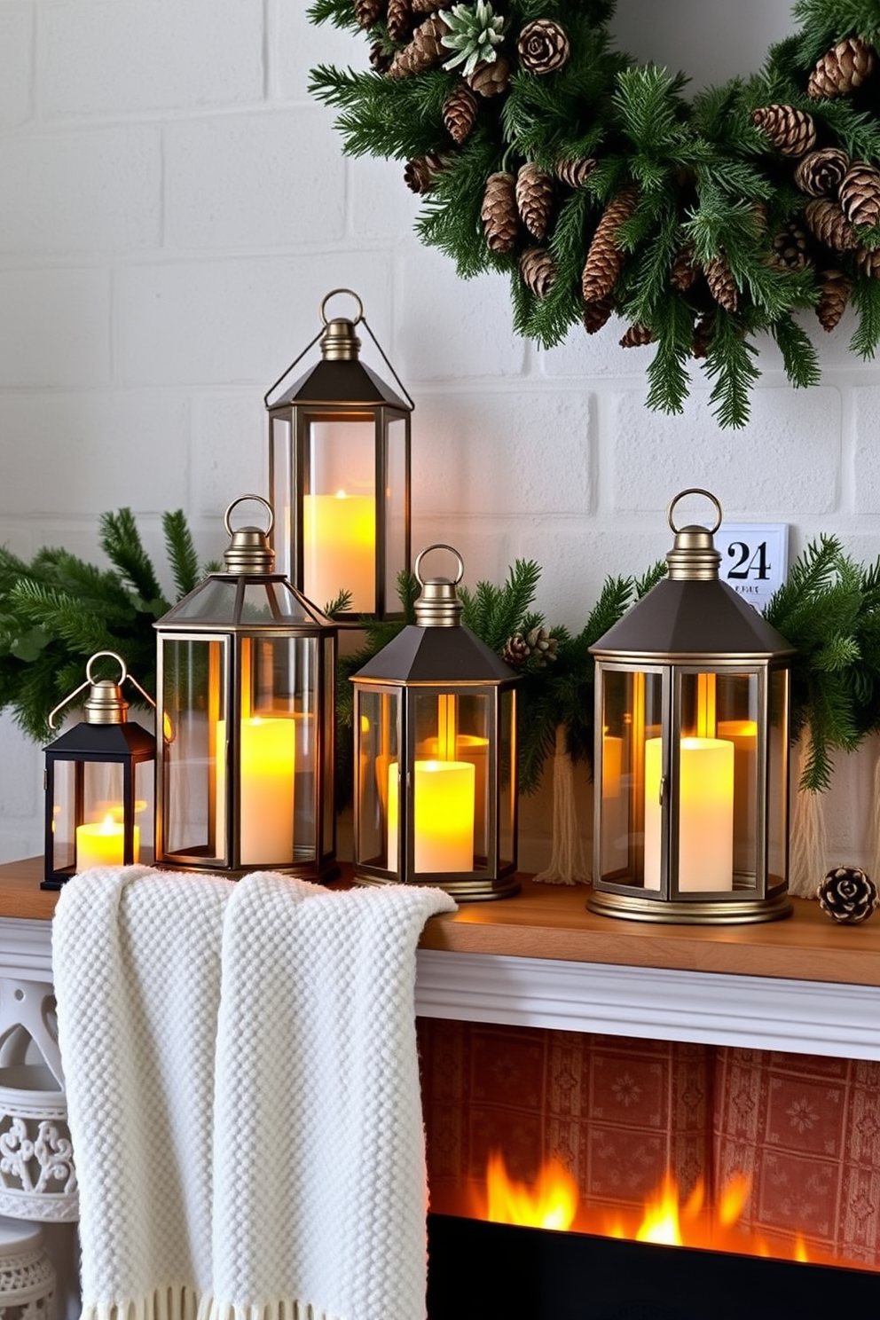 Decorative lanterns are arranged on a mantelpiece, each filled with warm battery-operated candles that emit a soft glow. The lanterns vary in size and design, creating a visually appealing display that enhances the cozy atmosphere of the winter fireplace. The fireplace itself is adorned with evergreen garlands and pinecones, adding a festive touch to the space. A plush throw blanket drapes over the hearth, inviting warmth and comfort during the chilly winter evenings.