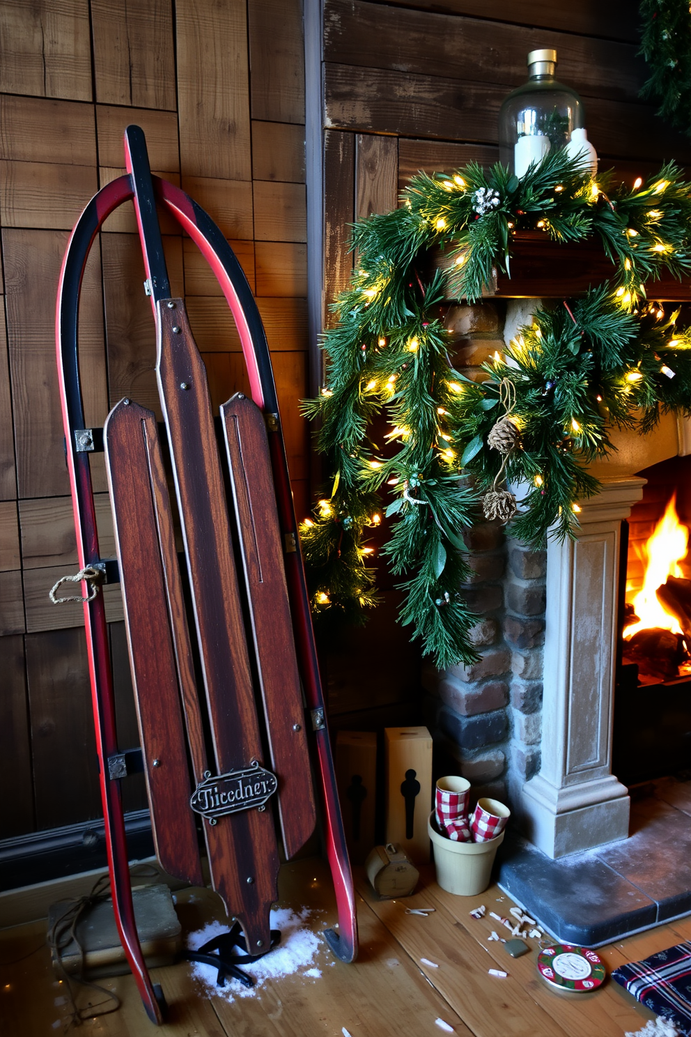 A vintage sled is propped against a rustic wooden wall, adding a nostalgic touch to the winter decor. Next to it, a cozy fireplace is adorned with evergreen garlands and twinkling fairy lights, creating a warm and inviting atmosphere.