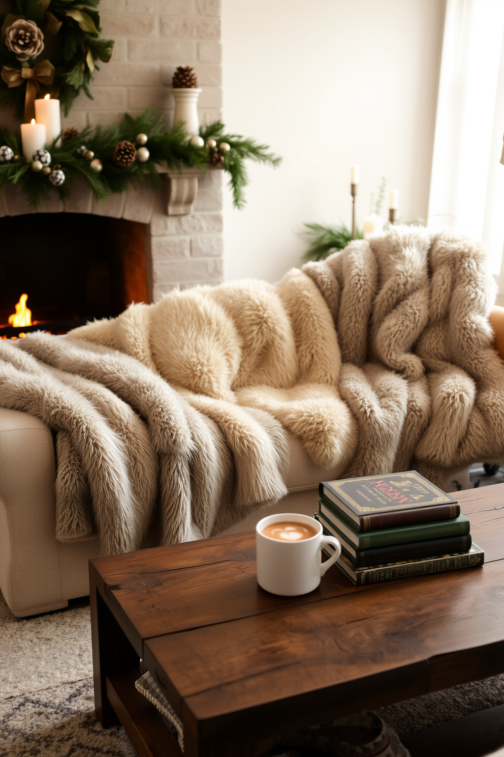 A cozy living room adorned with faux fur throws draped over a plush sofa, creating a warm and inviting atmosphere. The fireplace is elegantly decorated with seasonal accents, including pinecones and candles, enhancing the winter charm. Soft lighting illuminates the space, casting a gentle glow on the textured throws and creating a serene ambiance. A rustic wooden coffee table sits in front of the sofa, adorned with a stack of holiday-themed books and a steaming mug of cocoa.